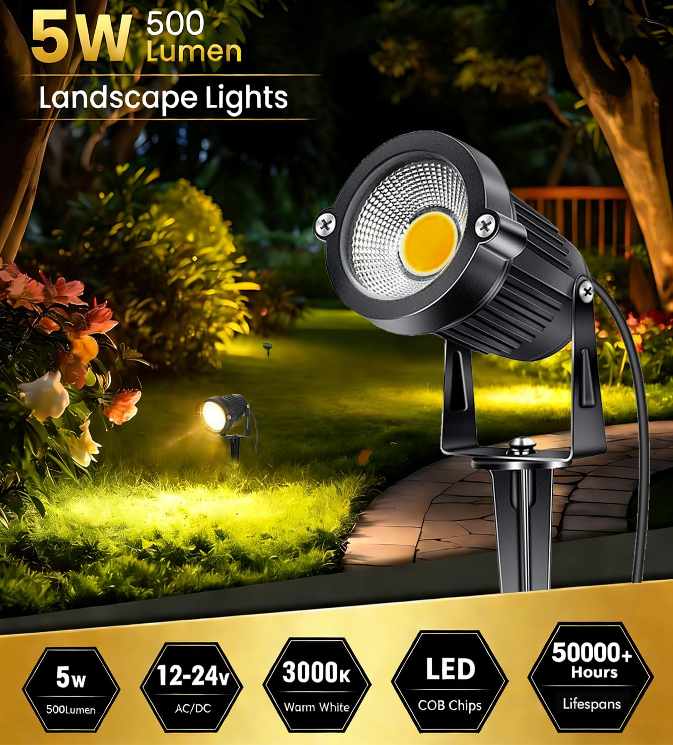 AHSELLUS Low Voltage Landscape Lights 5W 500LM 12V 24V Outdoor LED Landscape Lighting 3000K Warm White IP66 Waterproof Garden Pathway Lights Yard Lawn