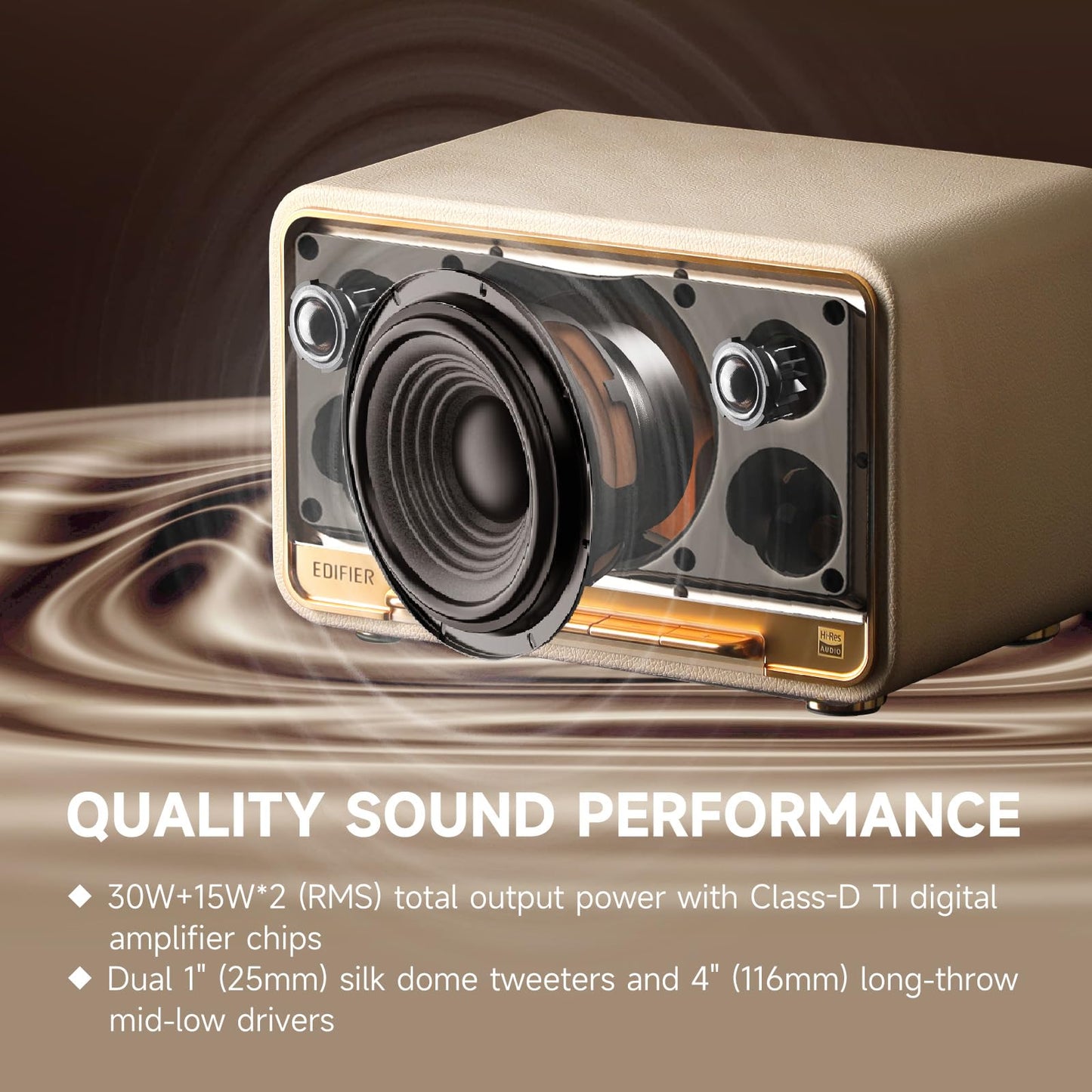 Edifier D32 Tabletop Wireless Speakers 60W RMS, Hi-Res Audio Bluetooth 5.3 Speaker Support LDAC, Portable Retro Wooden Compatible with AirPlay2, USB-C