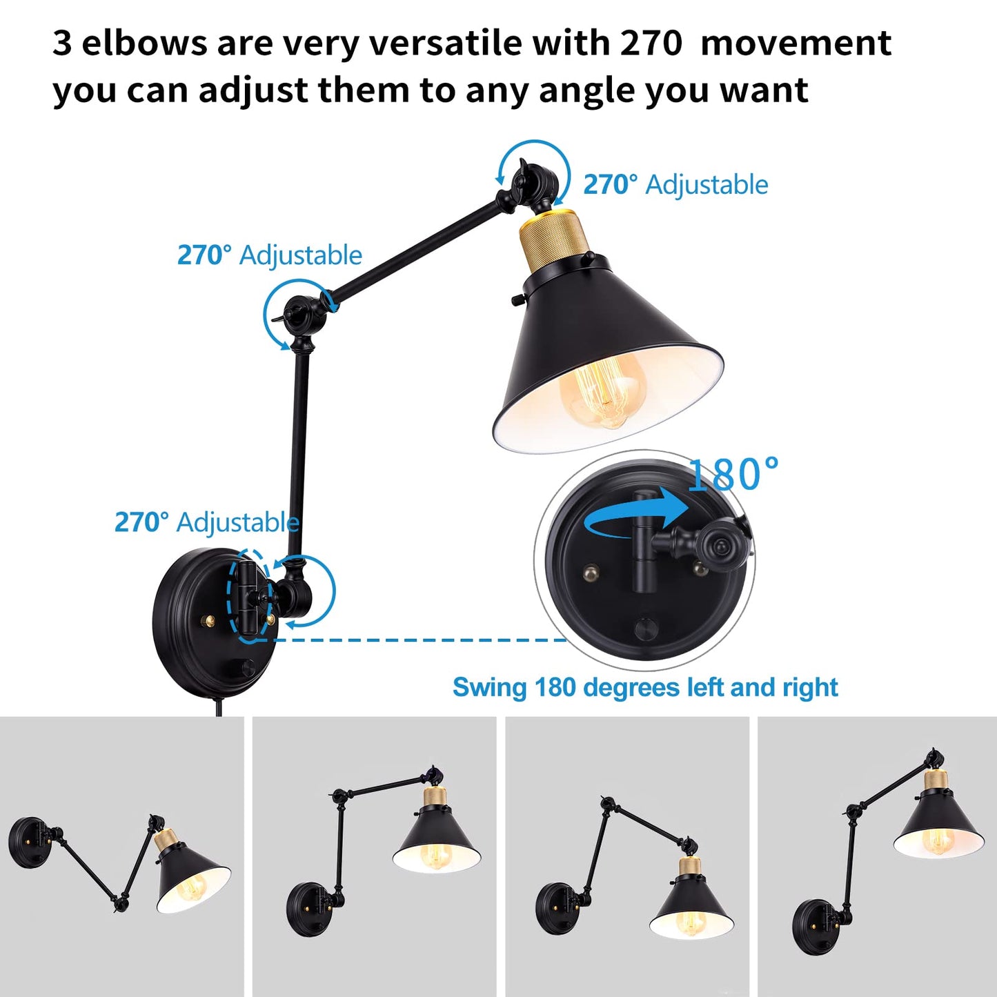 TRLIFE Wall Sconce Plug in, Dimmable Wall Sconce with Switch Swing Arm Wall Lights Plug in Wall Mounted Light Wall Sconces Lighting with 6FT Plug in