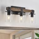 DUJAHMLAND Farmhouse Vanity Light Fixture,3-Light Bathroom Wood Wall Light Over Mirror with Clear Glass Shade, Rustic Vintage Wall Sconce