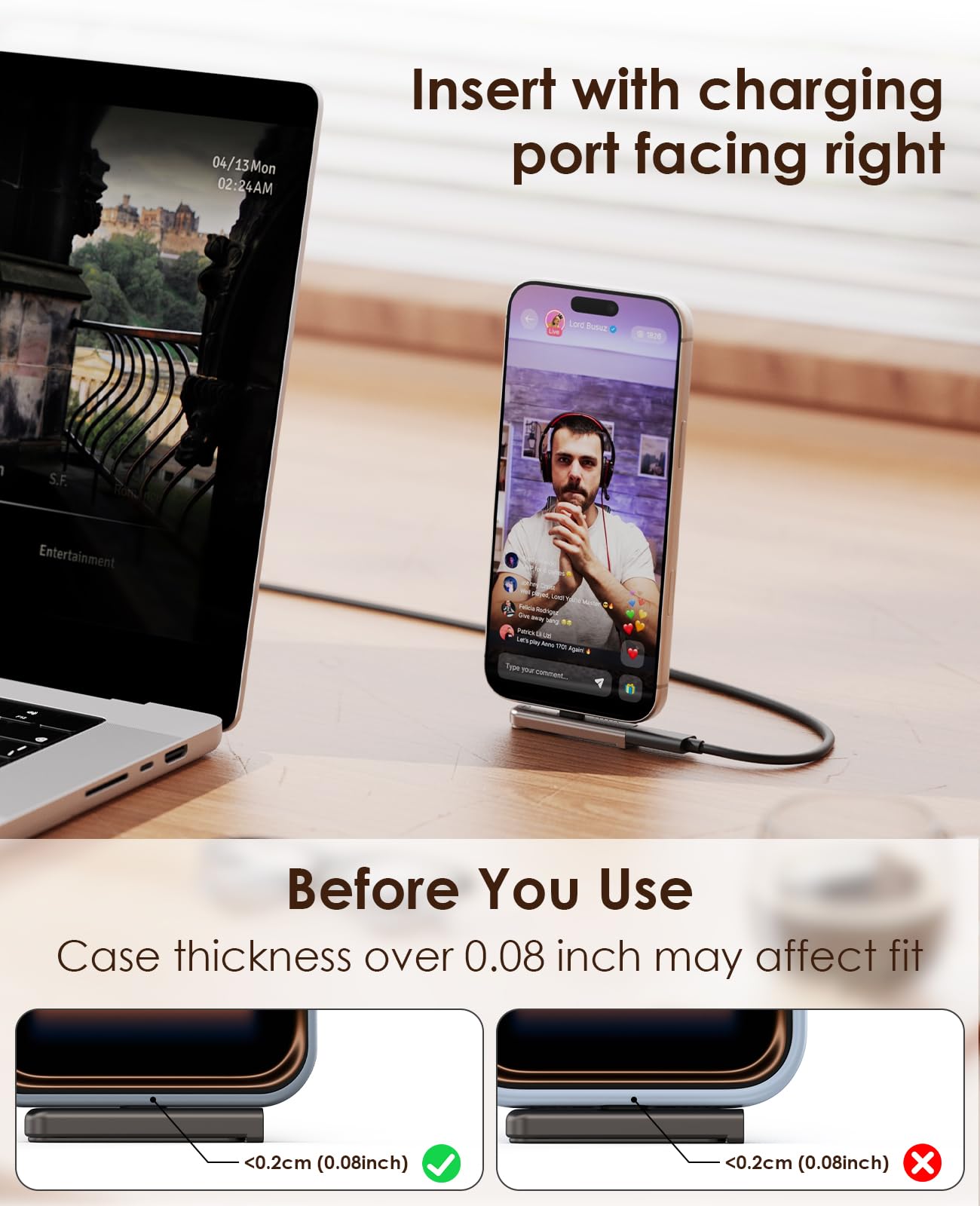 MagSync 2-in-1 Phone Stand with USB C Adapter, Compact Phone Kickstand Adapter, 60W Fast Charging While Watching, Right-Angle Design, Desk Stand
