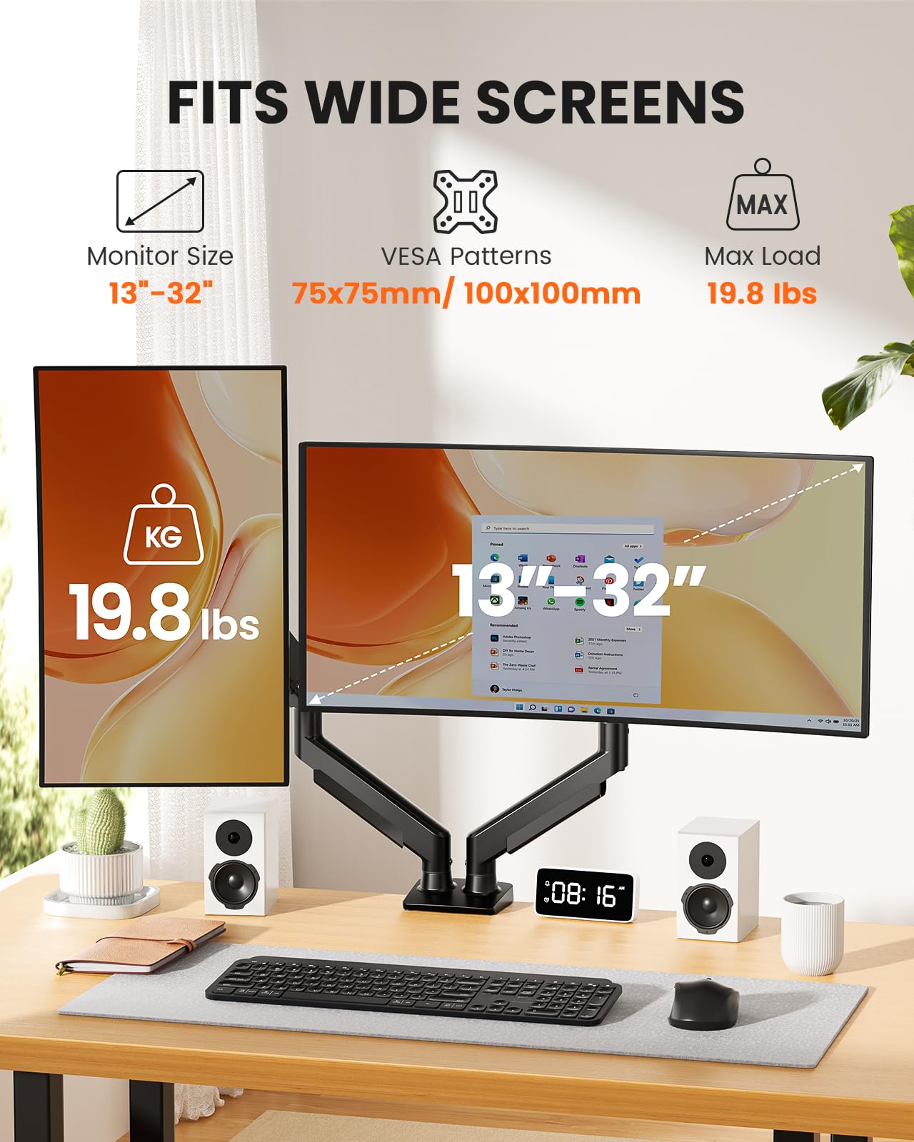 ErGear Dual Monitor Arm, Full Adjustable Monitor Mount for 13-32? Screens, Fast Install Computer Monitor Stand with Tool-Free VESA Mount, Max Load