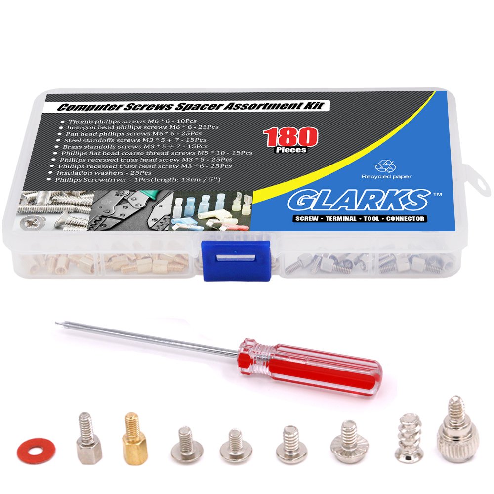 Glarks 180-Pieces Phillips Head Computer PC Spacer Screws Assortment Kit for Hard Drive Computer Case Motherboard Fan Power Graphics (Extra: Phillips