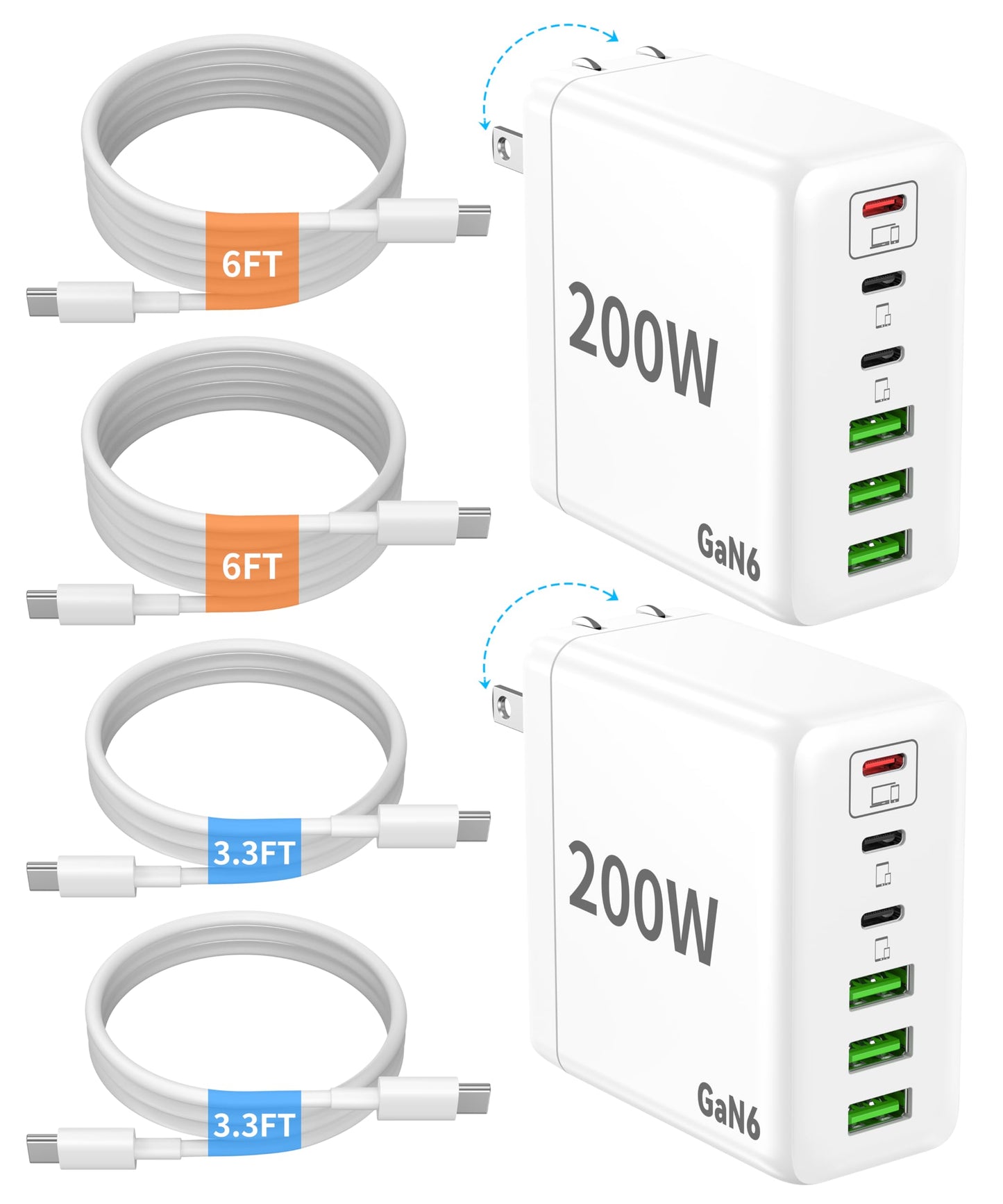 2 Pack USB C Charger Block, 200W GaN Super Fast Charger Type C iPhone 17 16 Fast Charging 6 Port Foldable PD Charging Station for All iPhone/Android