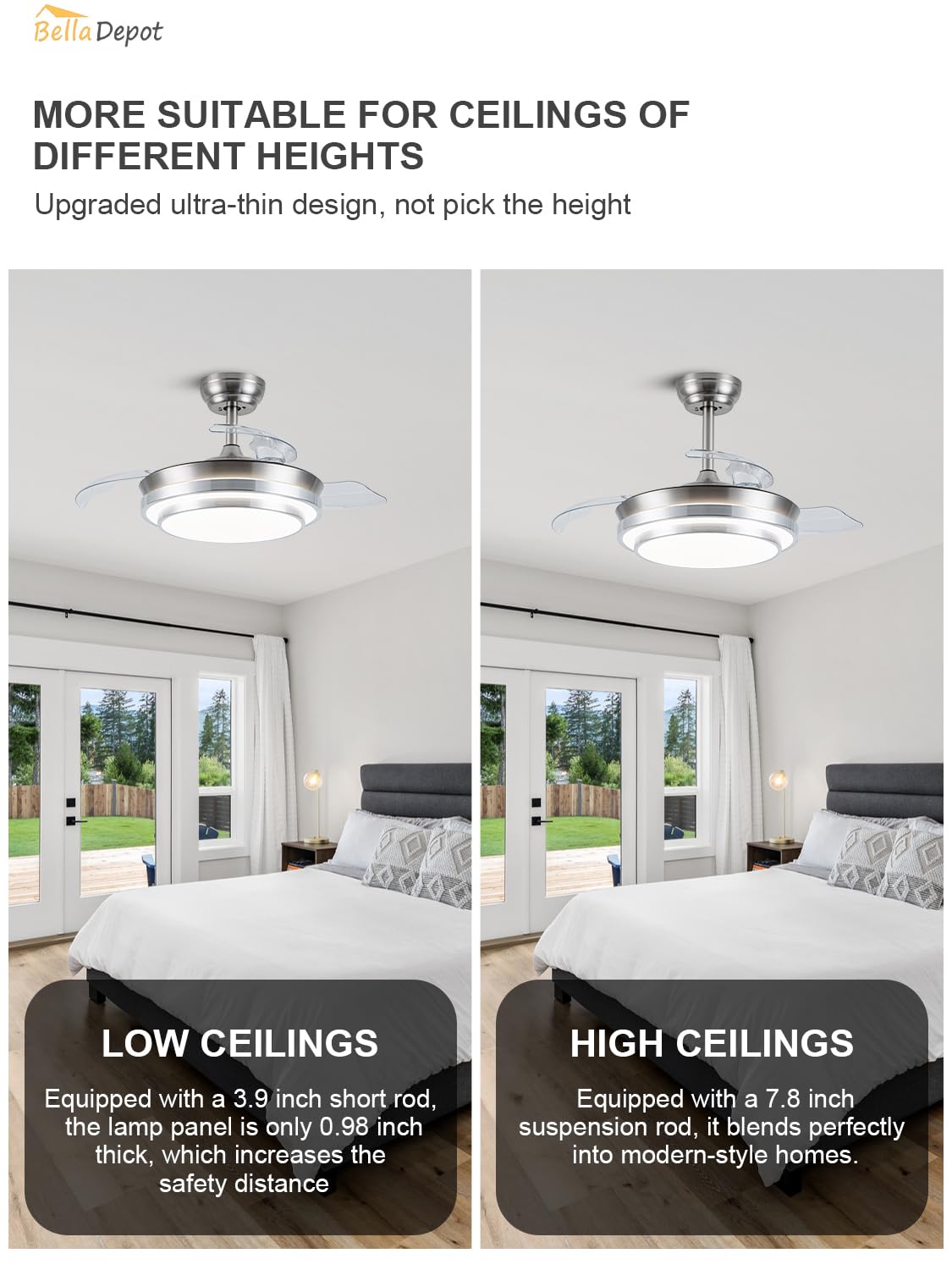 Bella Depot Retractable Ceiling Fan with Lights and Remote with 3 Color Change, Timing Options, Silent Noiseless for Dining Room Bedroom Kitchen