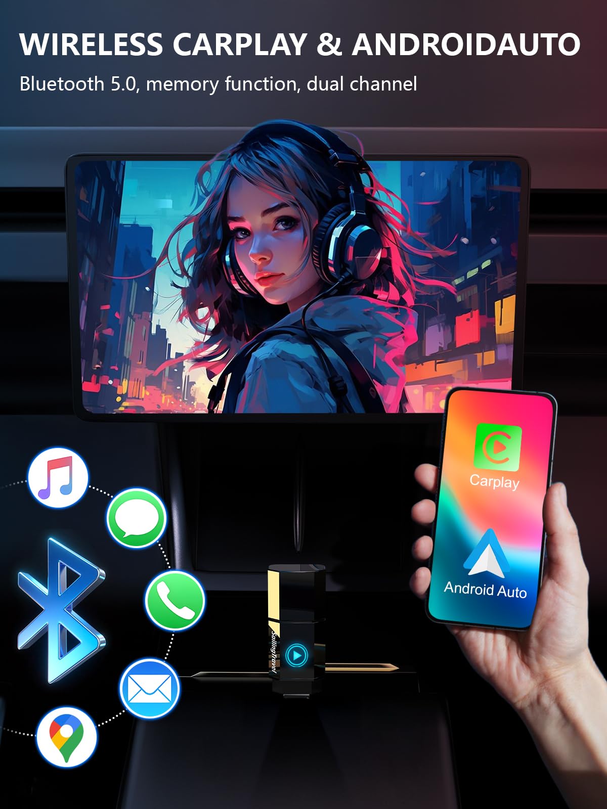 Lipstick Series (Built-in Magnet) Wireless Carplay/Android Auto Adapter for iPhone&Android Phone,Convert Wired to Wireless Dongle Adapter, Mini Size