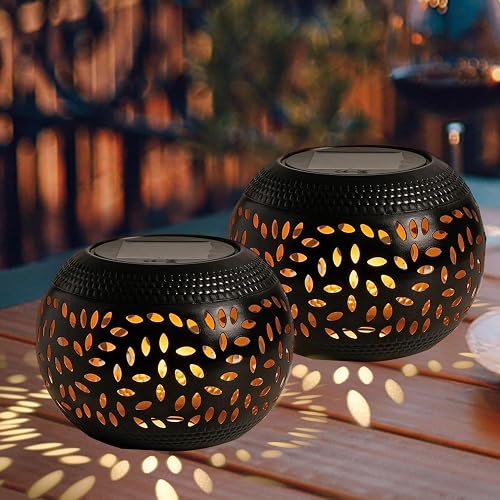 Solar Table Lanterns Outdoor Waterproof - 2 Pack LED Lamp Black Metal Tabletop Light Solar Powered Decorative Lantern for Indoor Desk Bedroom Patio