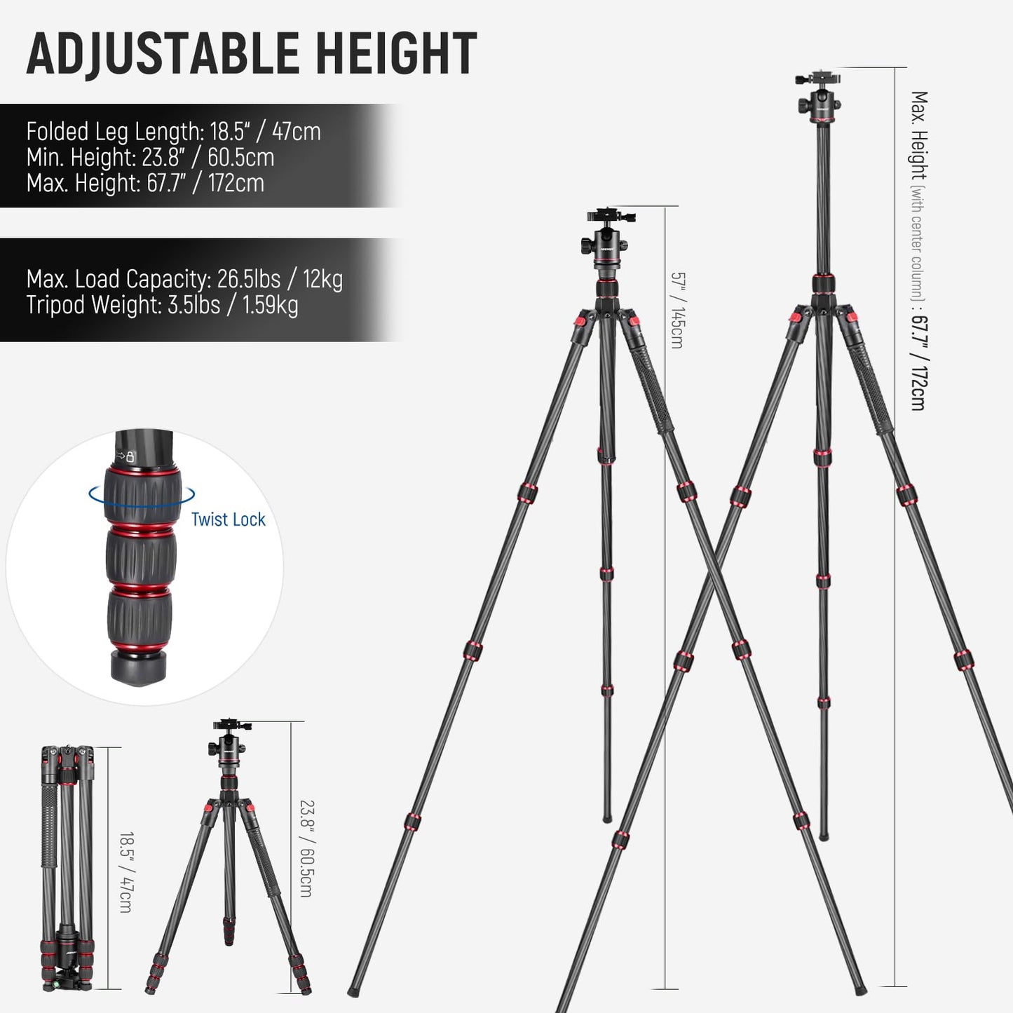 NEEWER 66"/168cm Carbon Fiber Tripod for Camera with 360° Panorama Ball Head, 1/4" Arca QR Plate, Portable Bag, Compact Travel Tripod Monopod for DSLR