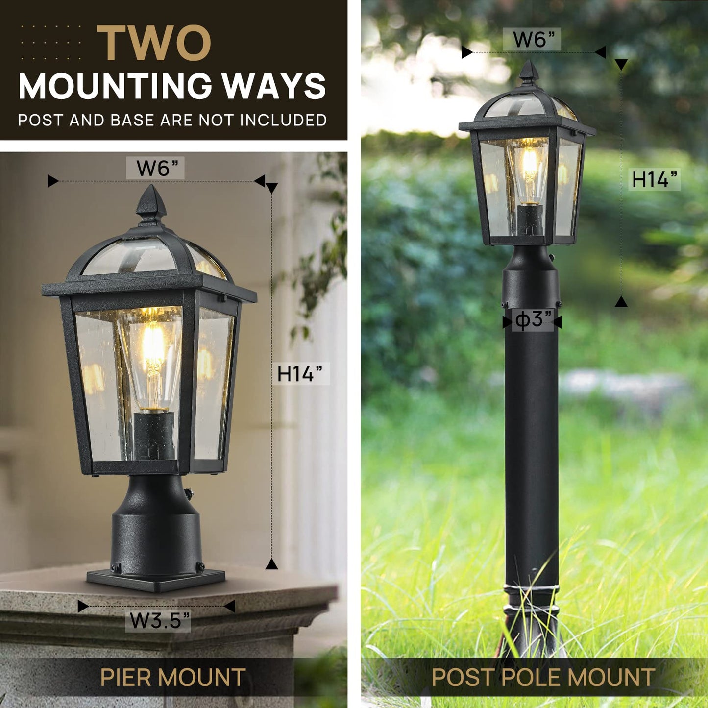 Moonlok Dusk to Dawn Outdoor Post Light, Waterproof Pole Lantern Light Fixture, Seeded Glass Exterior Matte Black Lamp Post Light for Yard, Garden