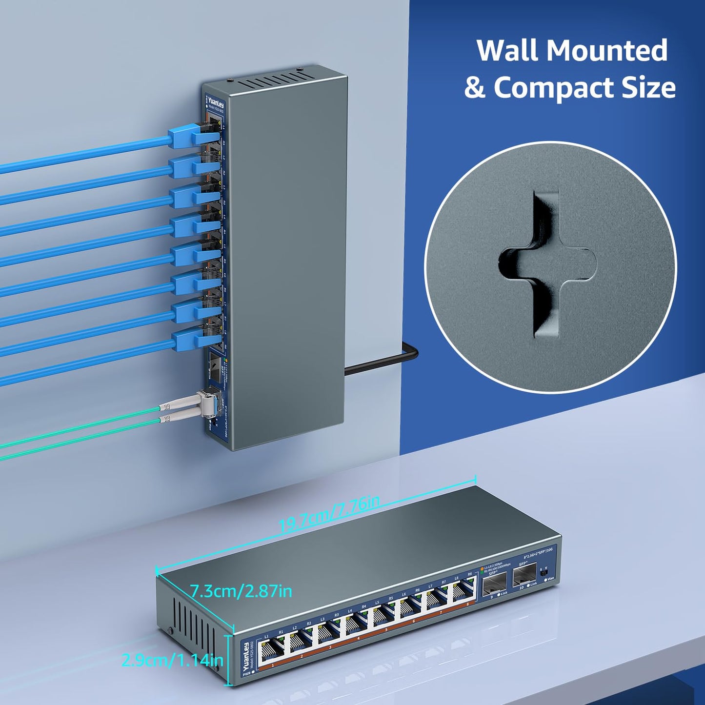 10 Port 2.5G Unmanaged Ethernet Switch, 8 x 2.5G Base-T Ports, 2 x 10G SFP, Compatible with 100/1000/2500Mbps, VLAN, Fanless, Desktop/Wall Mount