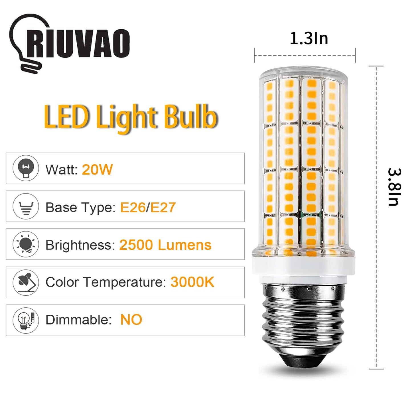 RIUVAO LED Light Bulb 200W Equivalent 2500 Lumen Super Bright 3000K Daylight White 20W Led Bulb E26/E27 Medium Base for Home Garage Warehouse Indoor