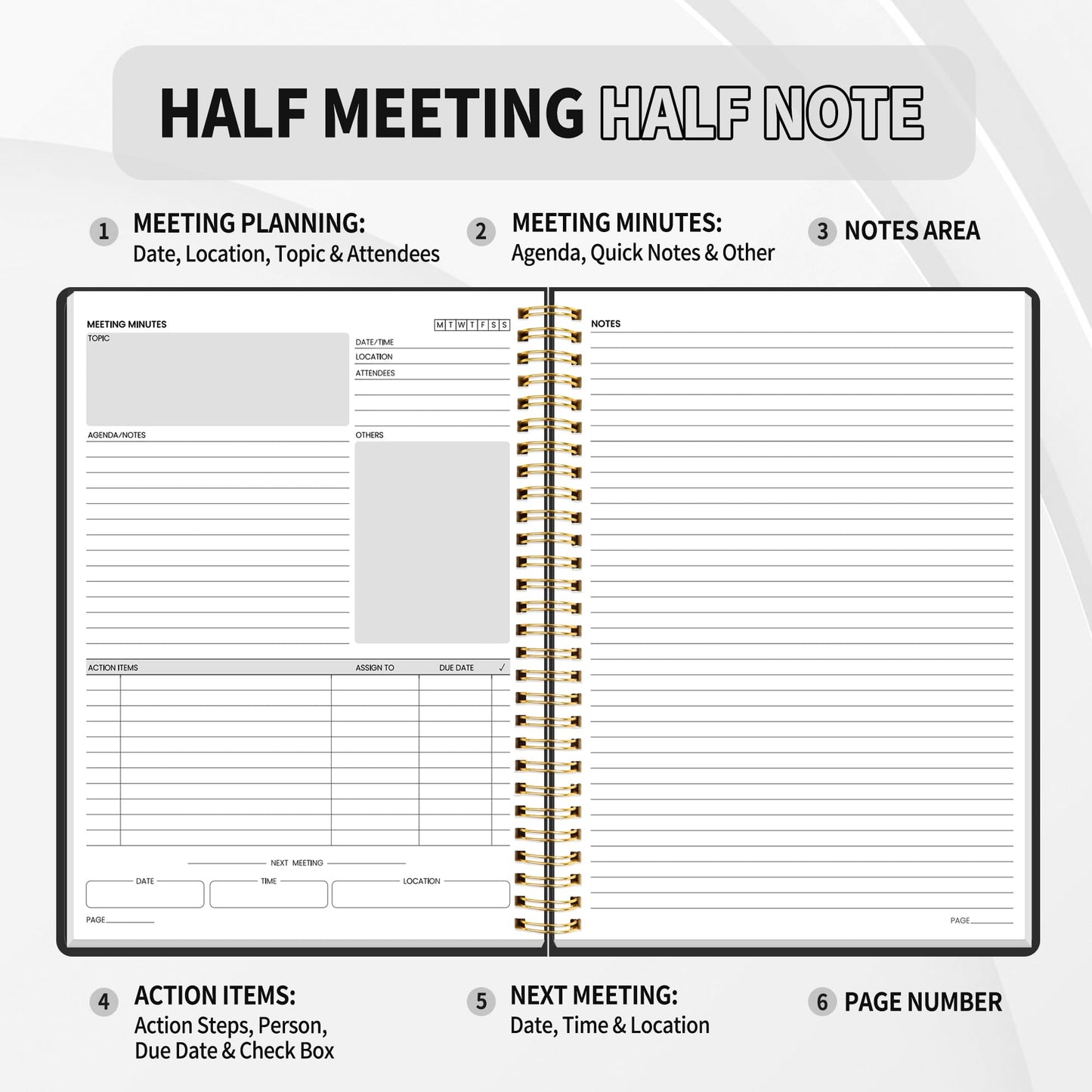 SUNEE Half Meeting Half Note - 7.5"x10" Professional Notebooks for Work - 160 Pages, B5 Size Project Planner, Spiral Meeting Agenda/Minutes Organizer