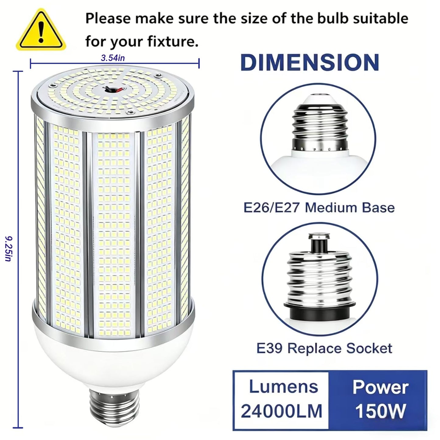HJFF 2-Pack 150W LED Corn Light Bulbs,5000K 24000lm,E26/E39 Base,1500W Equivalent LED Corn Bulbs for Commercial Industrial Lighting Warehouse High Bay
