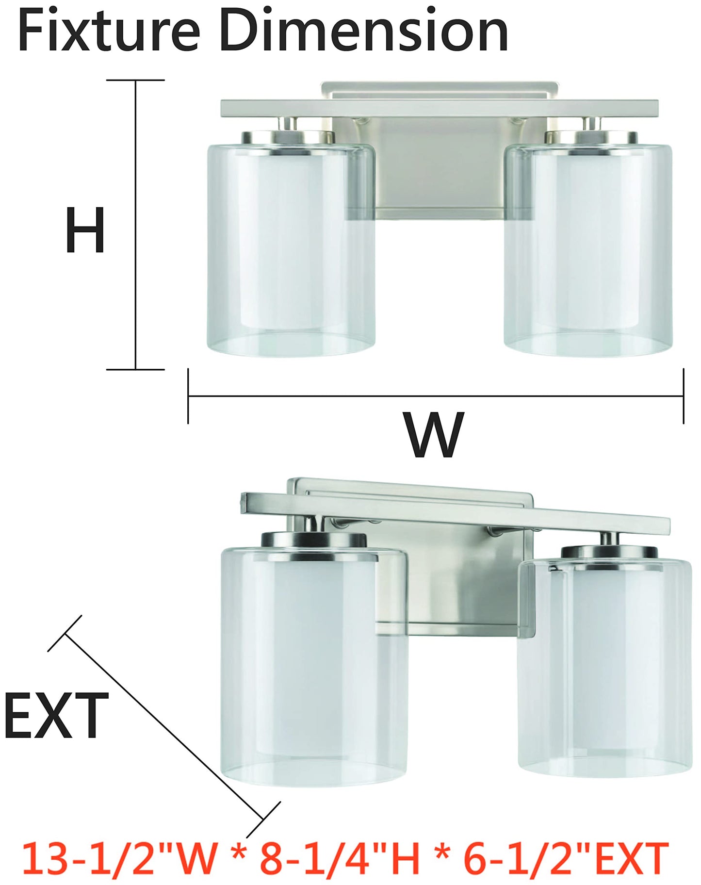 Aspen Creative 62102A, Two-Light Metal Bathroom Vanity Wall Light Fixture, 13 1/2" Wide, Transitional Design in Satin Nickel with Clear Glass Shade