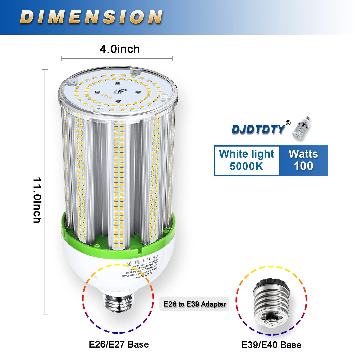 DJDTDTY Amazon High Brightness 100W LED Corn Light Bulb, E26 E39 Base LED Corn Lamp, 15000 Lumen 5000K Daylight 100V~277V Corn Cob Light Bulb