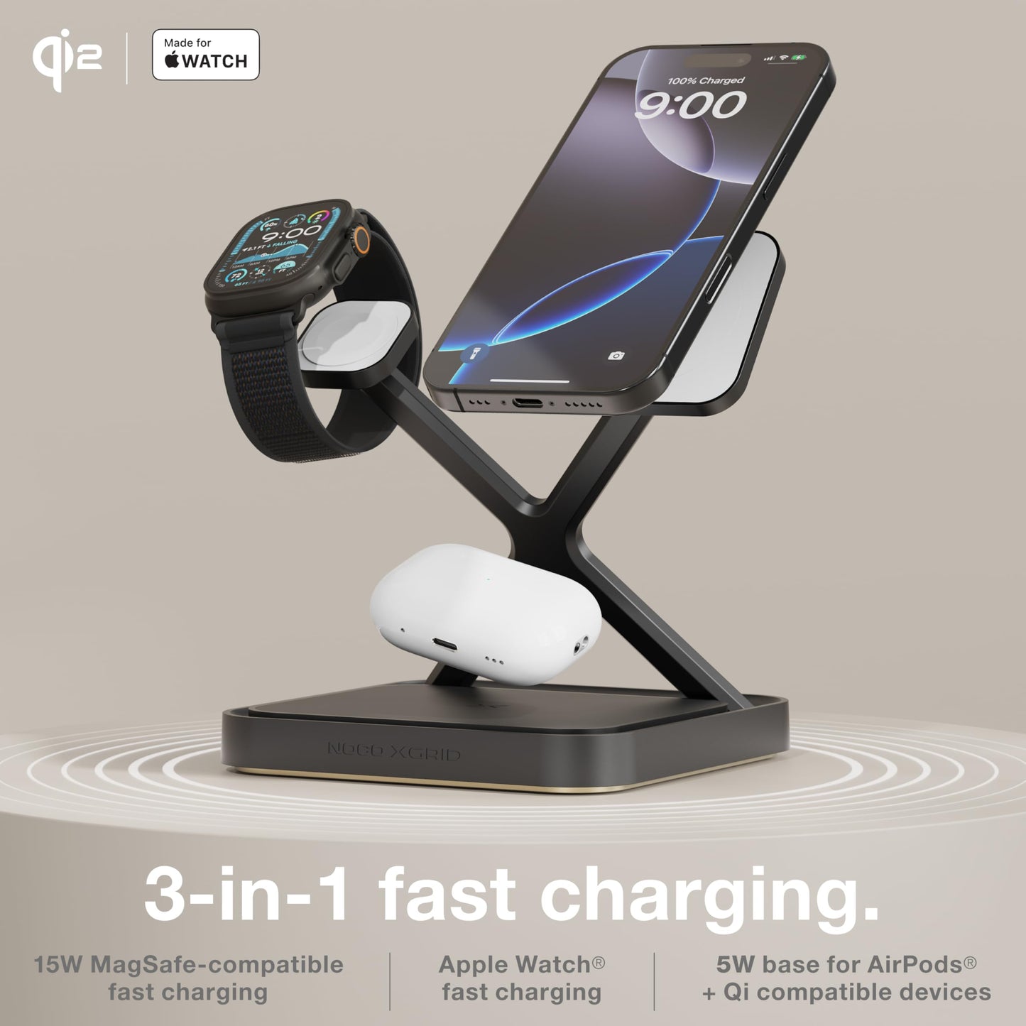 NOCO XGrid XDS3: 3-in-1 Wireless Charging Stand - Charging Station for iPhone, Apple Watch, and AirPods - MagSafe Compatible, Qi2 Certified - Includes