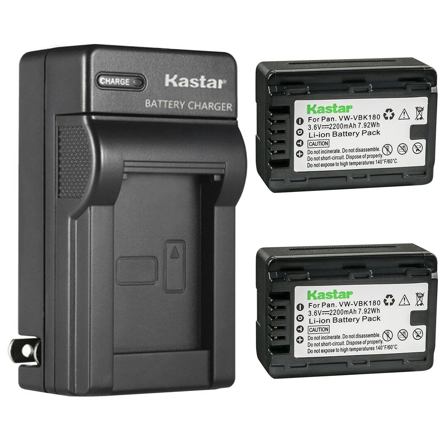 Kastar 2-Pack Battery + AC Wall Charger Replacement for Panasonic VW-VBK180 VW-VBK360 VW-VBL180 VW-VBL180PPK VW-VBL090 VW-VBL090PPK VWVBK180 VWVBK360