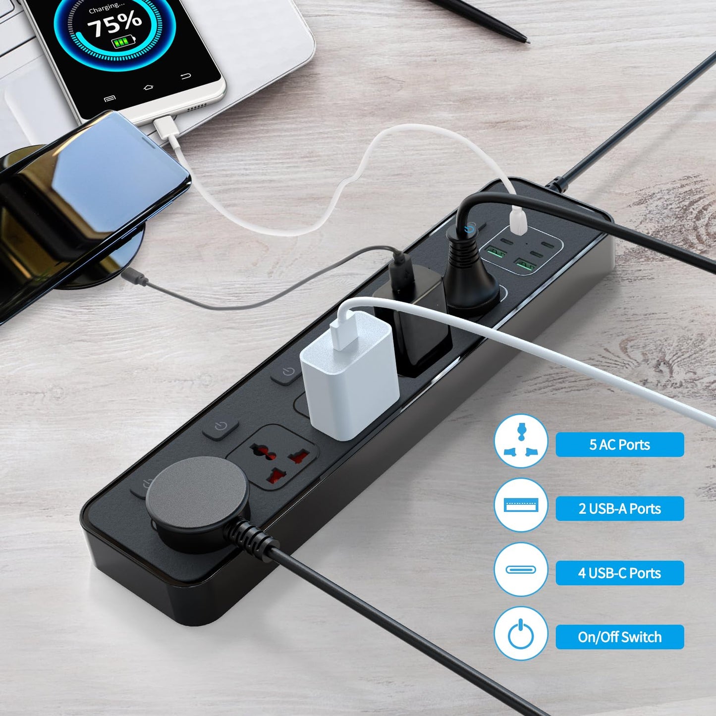 Flat Plug Power Strip with Individual Swtich, Jumpso 6ft Universal Extension Cord with 5 Outlets and 2 USB 4 USB C Ports, Max 3000w, 110-240v