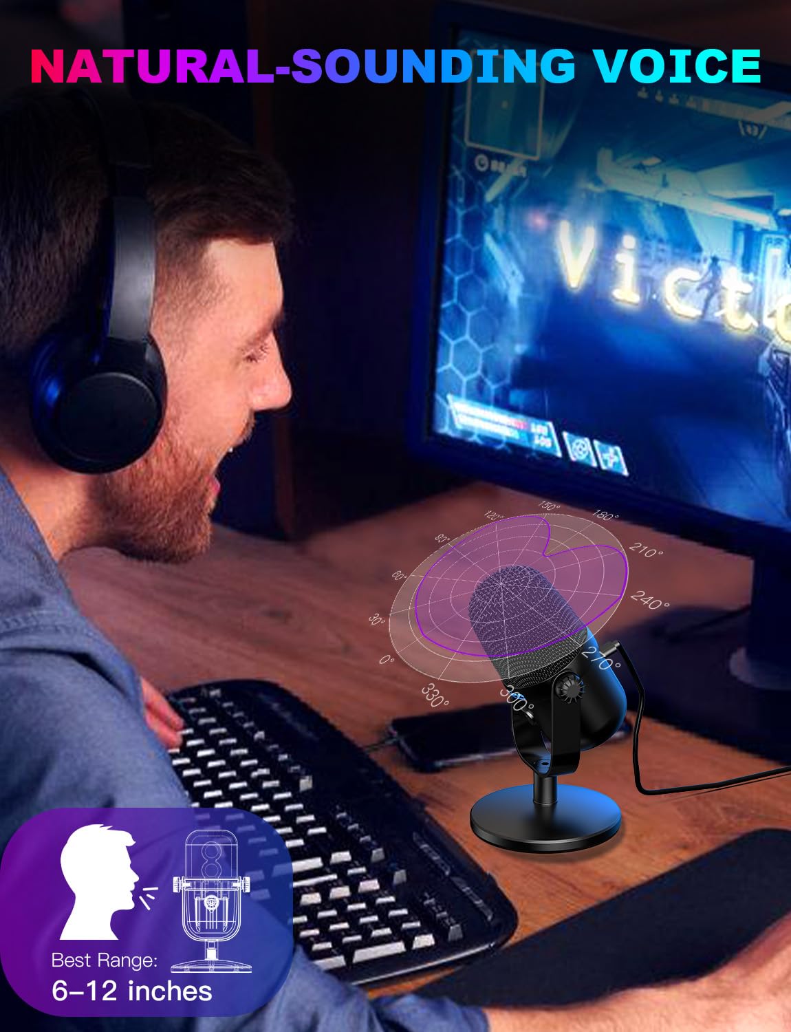 Gaming Microphone with Noise Cancellation & Mute Button, USB Condenser Mic for Streaming/Recording, Ultra-Compact Design, Compatible with
