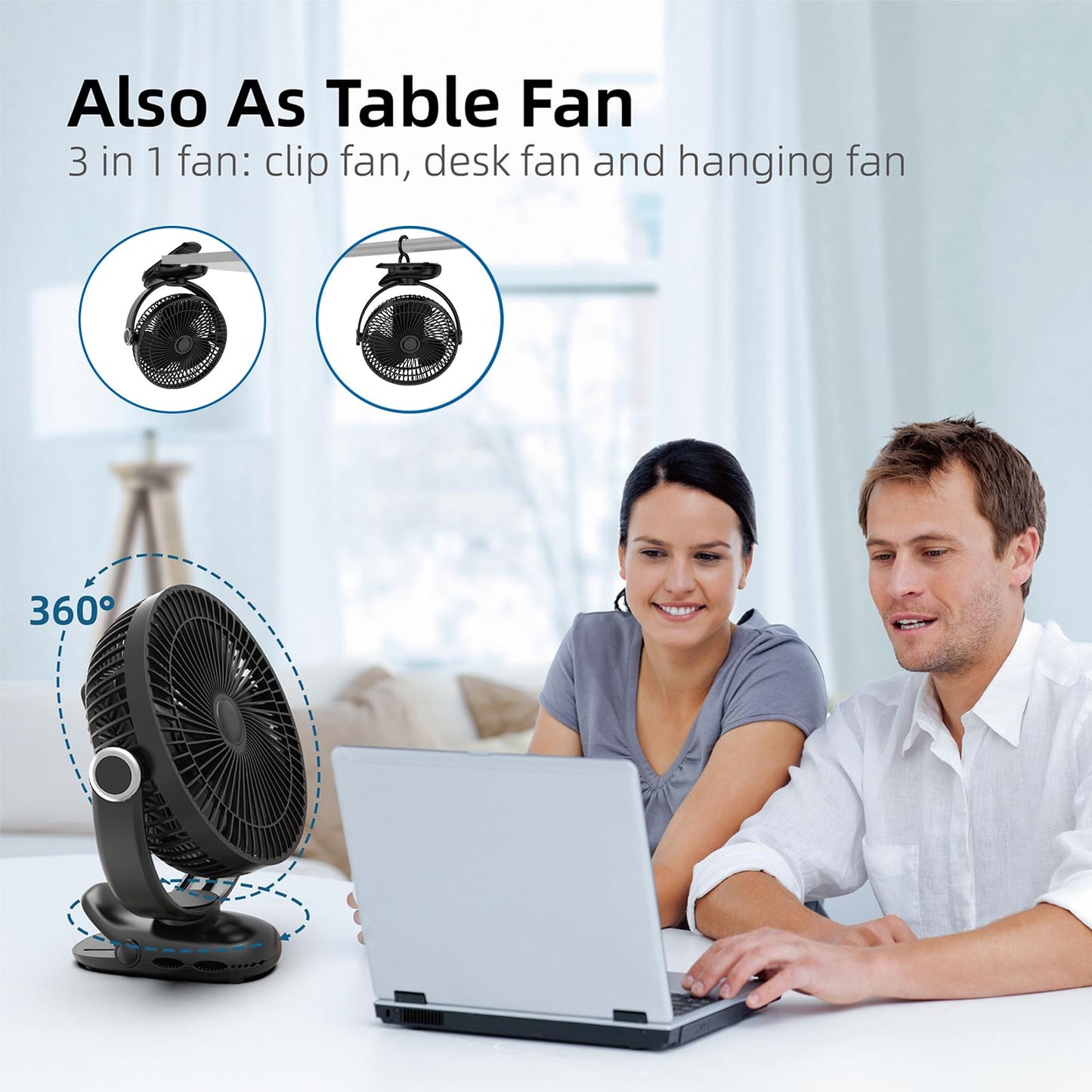 10000mAh 30hrs Portable Fan Rechargeable, 8-Inch Battery Operated Clip on Fan, USB Fans, 4 Speeds, Strong Airflow, Sturdy Clamp for Golf Cart Office
