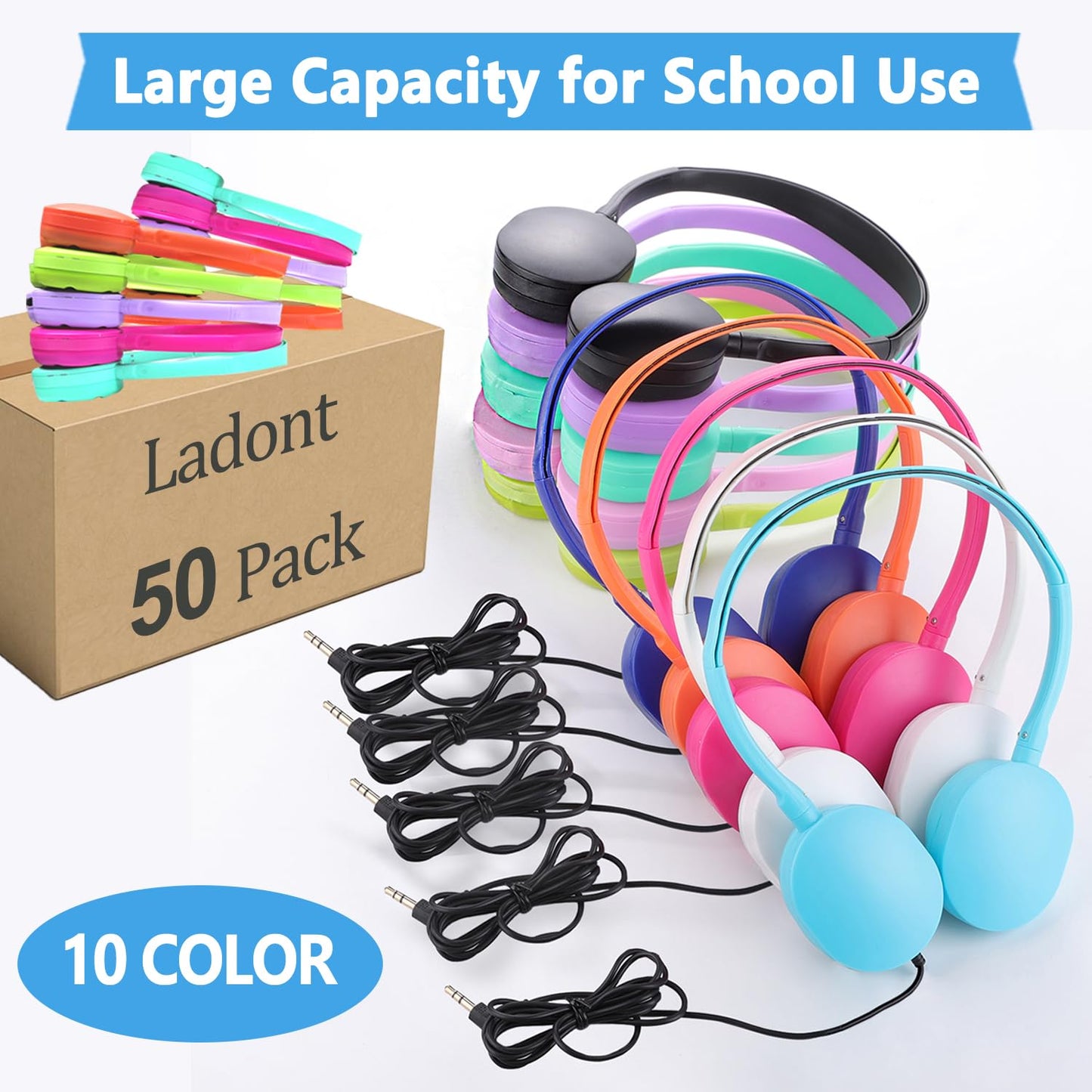 Ladont 50 Pack Bulk Headphones for Classroom School Kids, Durable Wholesale Kids Headphones for Student Boys Girls Adults,3.5mm Jack for Computer…