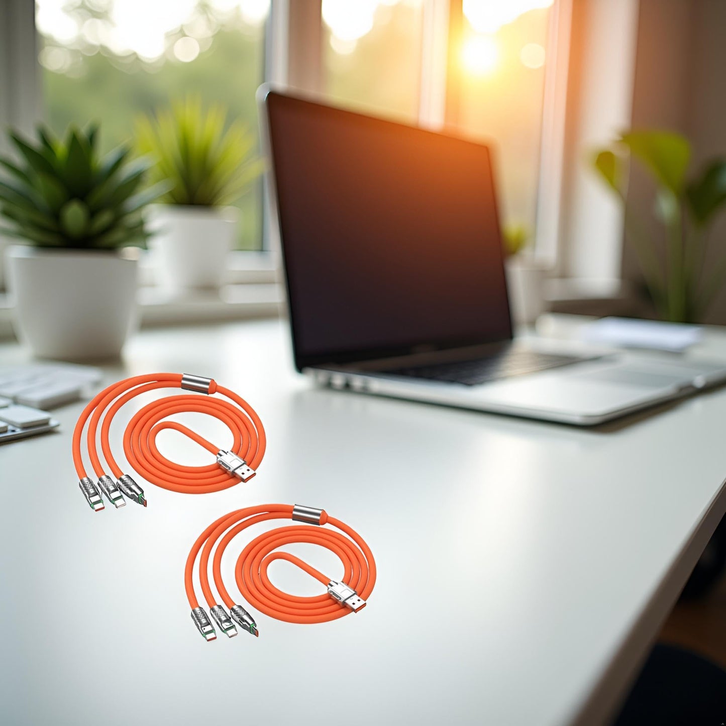 Calsgkspray 2Pcs Orange 3 in 1 Multi USB Cable 100W Multi Charger Cable Fast Charging Cable to Various Mobile Phones with Type-C/Android/Charging