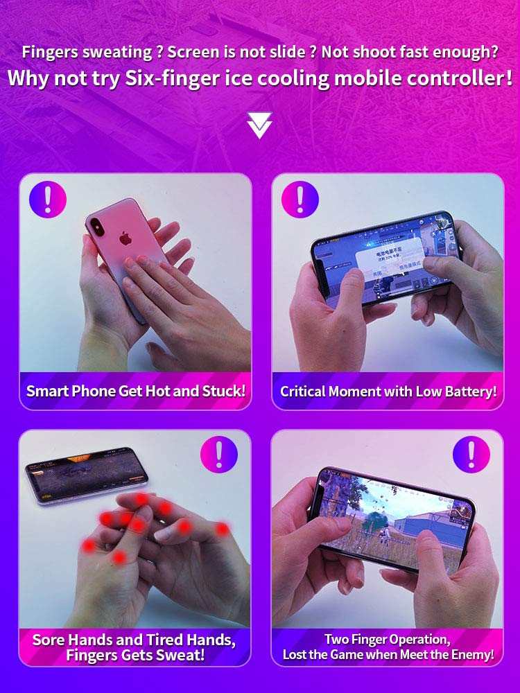 Mobile Game Controller Fast Cooling Phone Gamepad 4 Trigger 6 Finger Operation Grip 4000 mAh Built-in battery Rechargeable for iPhone, Samsung