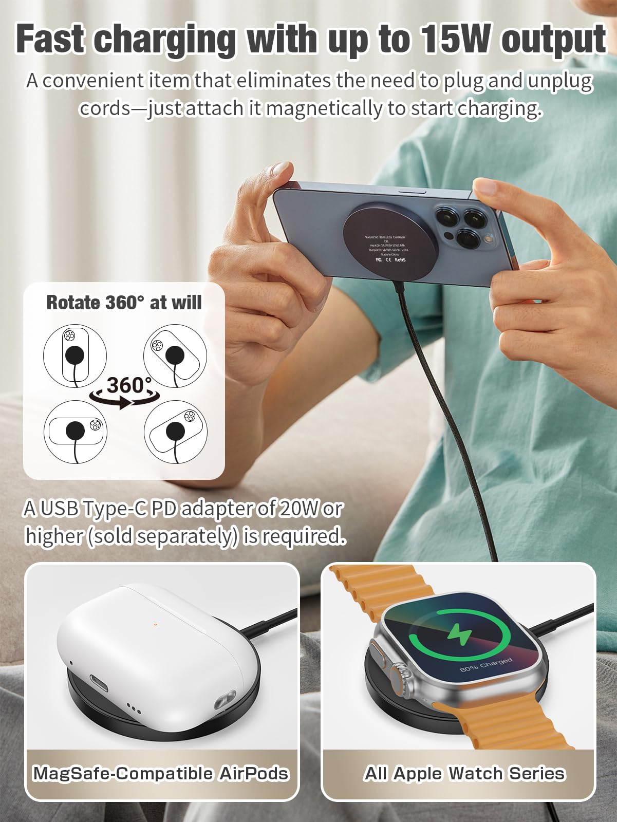 3 in 1 Magnetic Wireless Charging Station, 15W Fast Charger Compatible with iPhone 17/16/15/14/13/12 Series, Apple Watch 9-2/SE, AirPods Pro 3/2/1