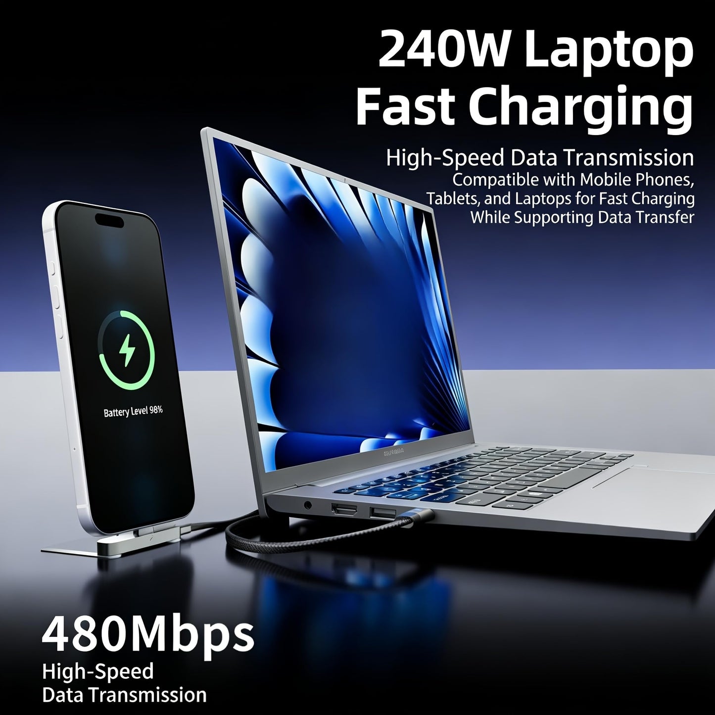 Konstreet 2-in-1 Invisible Stand Fast Charging Cable 240W Type-C Braided Fast Charging Cable Built-in Phone Stand 2 in 1 Phone Holder Cable
