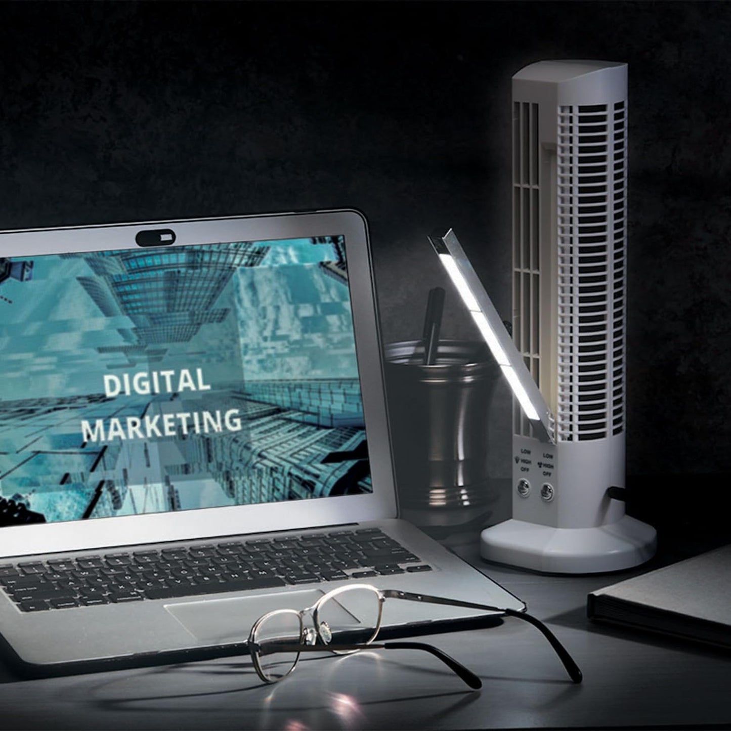 Tabletop Desktop USB Powered Fan, Dual Speed Control, Tilting LED Light
