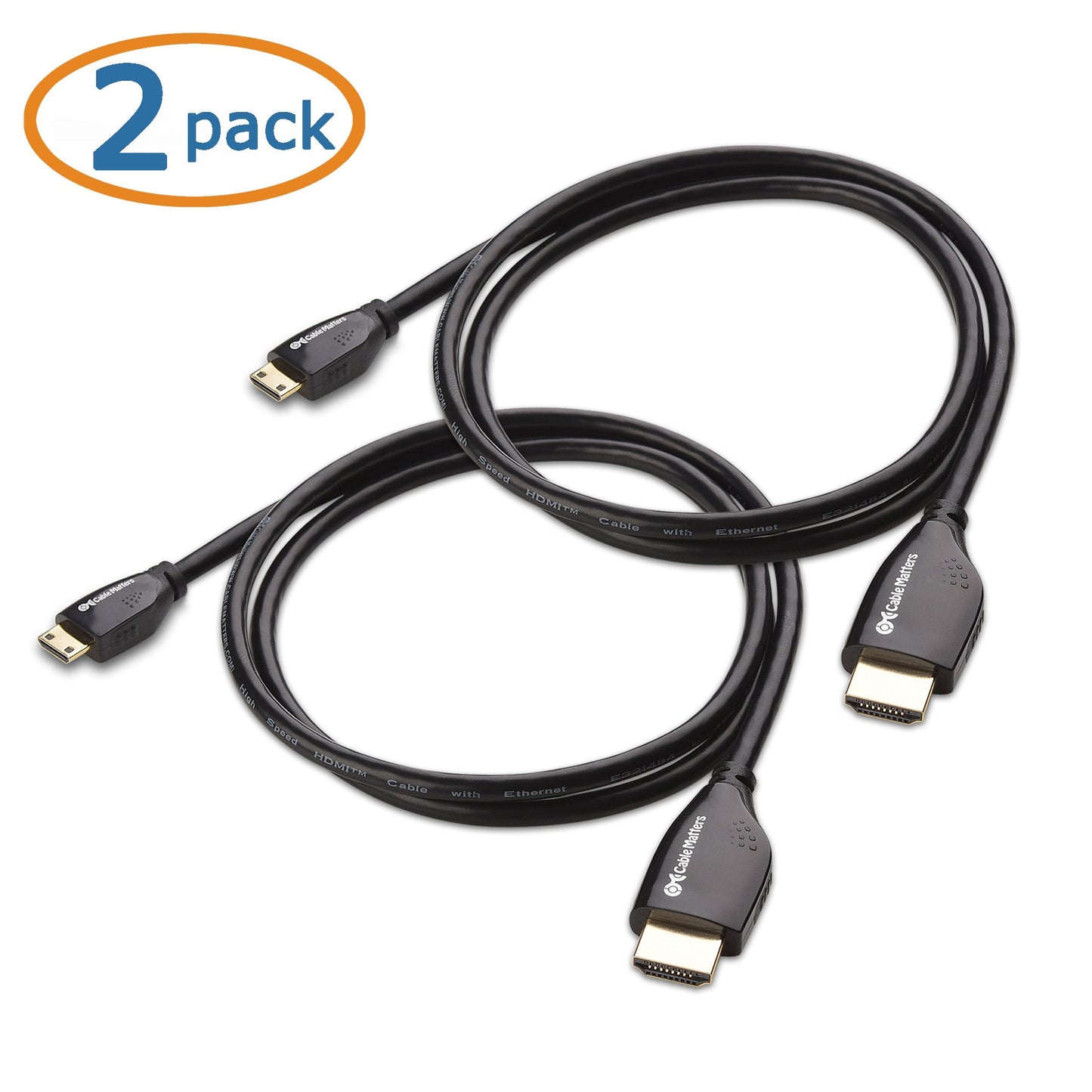 Cable Matters (2-Pack) High Speed Mini-HDMI to HDMI Cable 4K Resolution Ready with Ethernet - 3 Feet