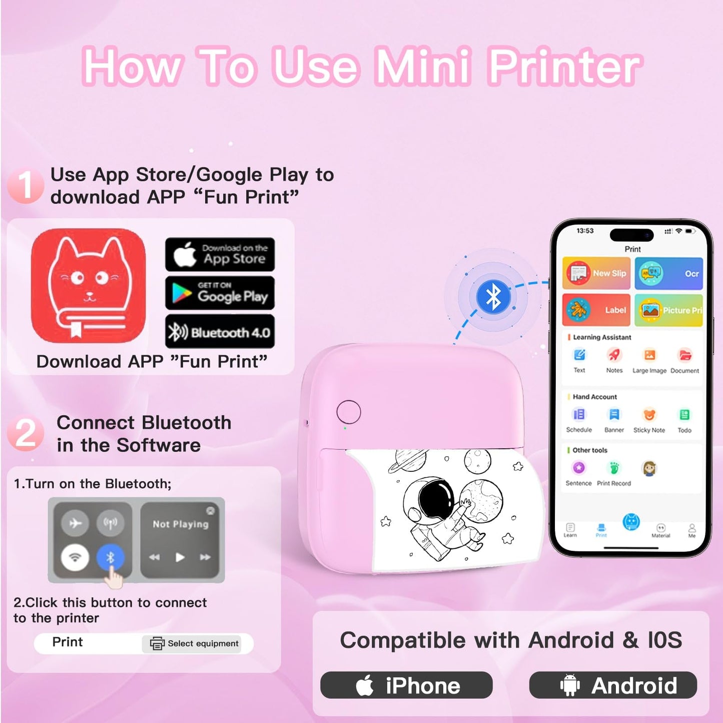 Lebt Mini Printer Sticker Printer Print Pod with 6 Rolls Sticker Paper, Seven Color Lighting Modes for DIY Scrapbook, Travel, Notes, Label, Memo
