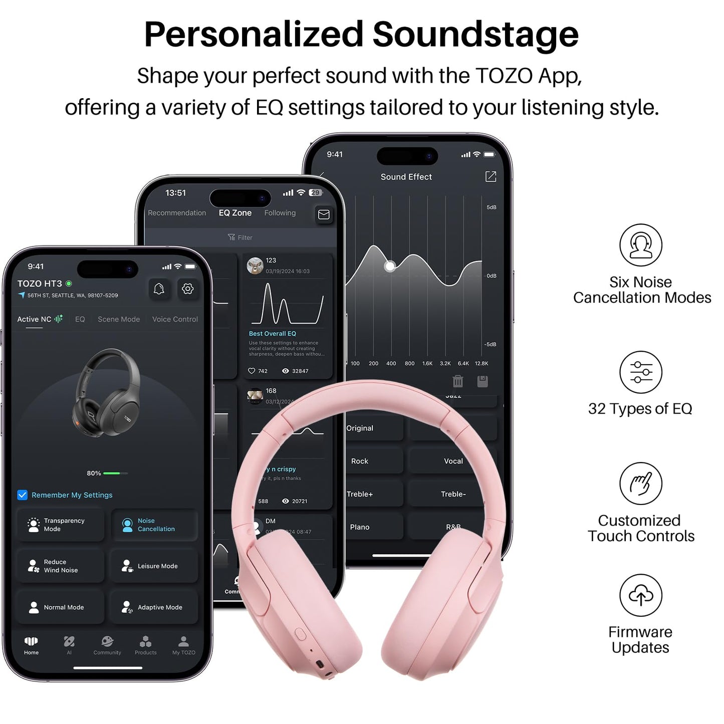 TOZO HT3 Hybrid Noise Cancelling Headphones, 90H Playtime Wireless Over Ear Bluetooth Headset, Spatial Audio AI Chat with 5 Mics, Supports Dual…