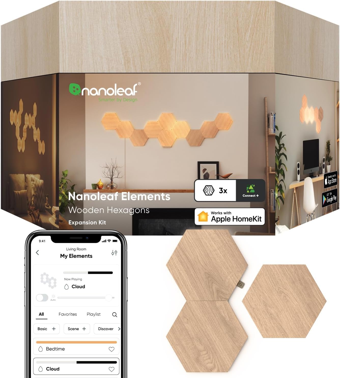 Nanoleaf Elements Wood Look Smart Wall Lights, Hexagon LED Wall Lights Work with Alexa Google Assistant, Home Wall Decor for Living Room with Music