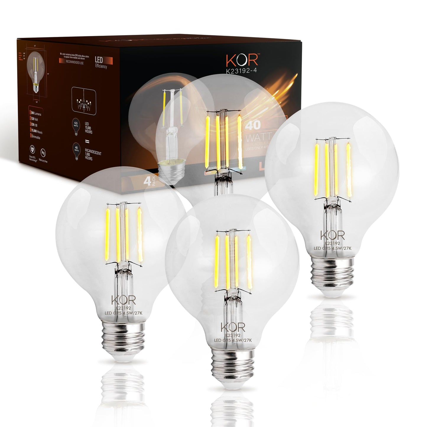 KOR G25 LED Globe Light Bulbs, 40W Equivalent, 2700K, Dimmable, 4-Pack