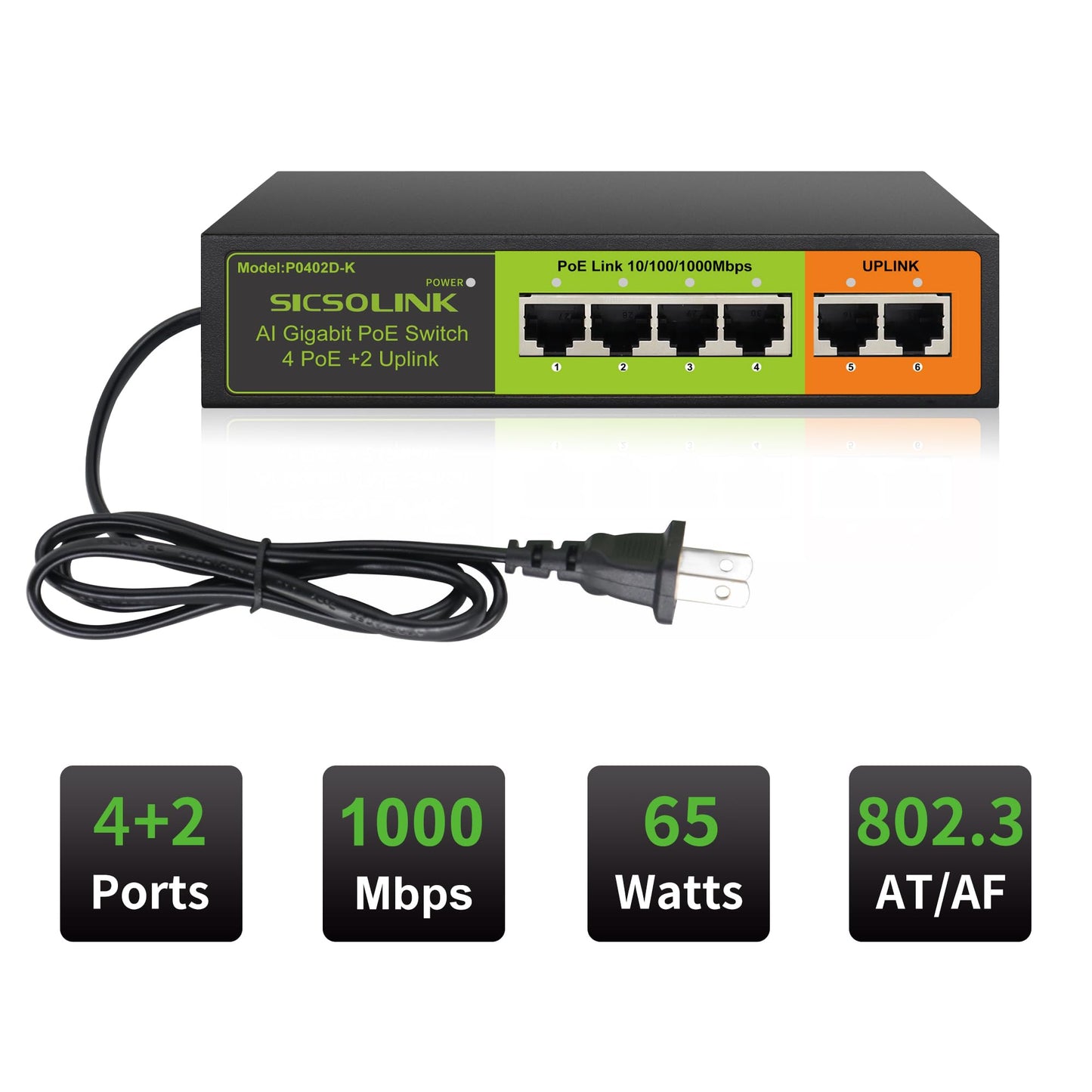 SICSOLINK Gigabit 6 Ports PoE+ Switch (4 PoE+ Ports, 2 Uplink), 802.3af/at, 65W Total Power, 1000Mbps, Unmanaged, Fanless, Metal Case, Suitable for IP