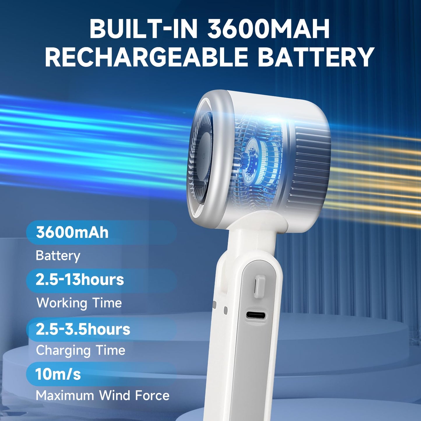 Portable Handheld Turbo Fan, 5-Speed, 3600mAh Rechargeable