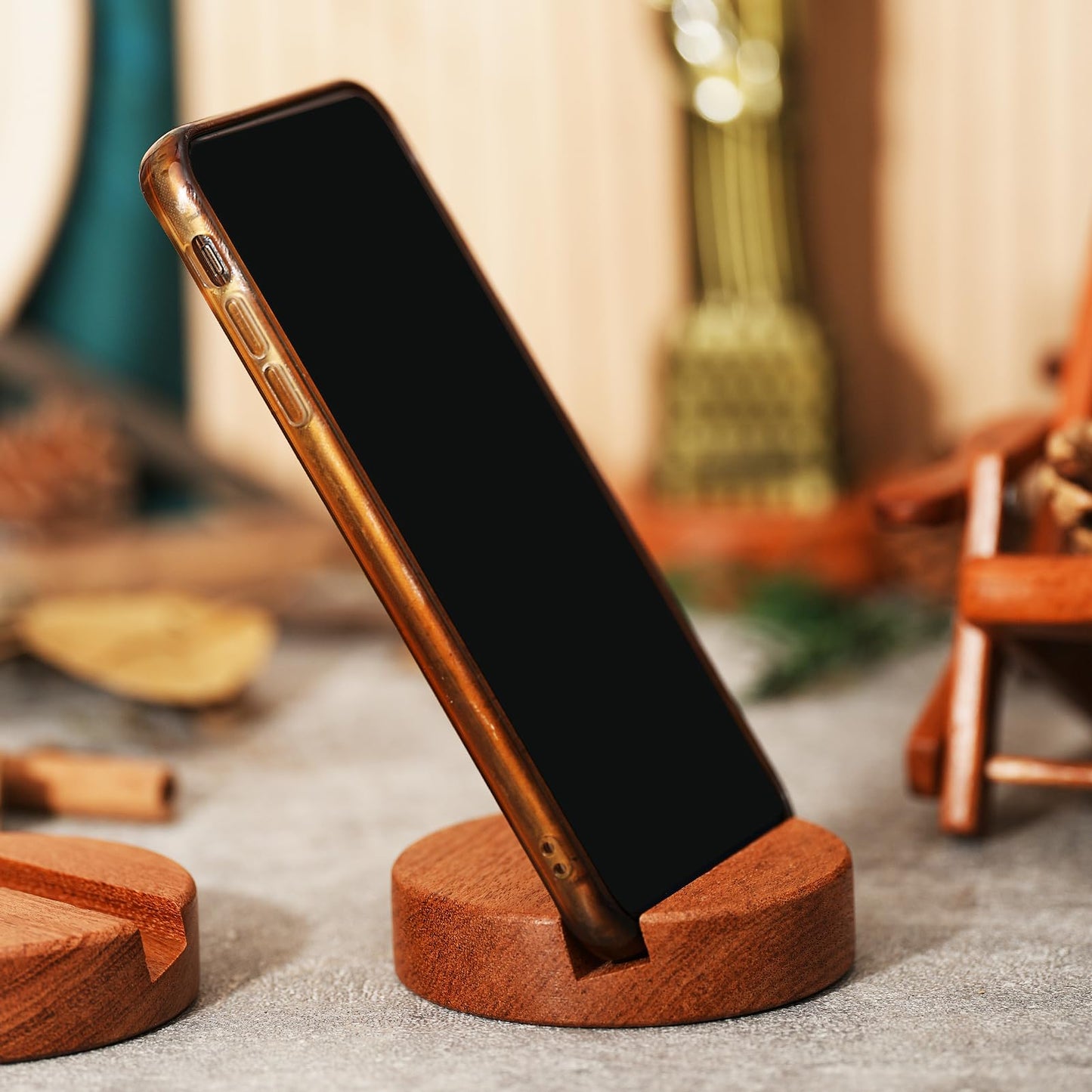 ZJL Wooden Cell Phone Stand,Desktop Portable Phone Holder Compatible with iPhone 15 Pro Max 14 Plus 13 12 se,Natural Wood Smartphone Holder for Desk
