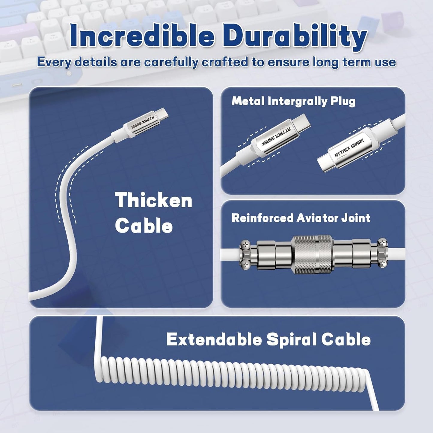 ATTACK SHARK CO4-C Coiled USB C Cable for Mechanical Keyboard with USB to USB C Adaptor, Type C to Type C, TPU Double Sleeved Spring Charging Cable