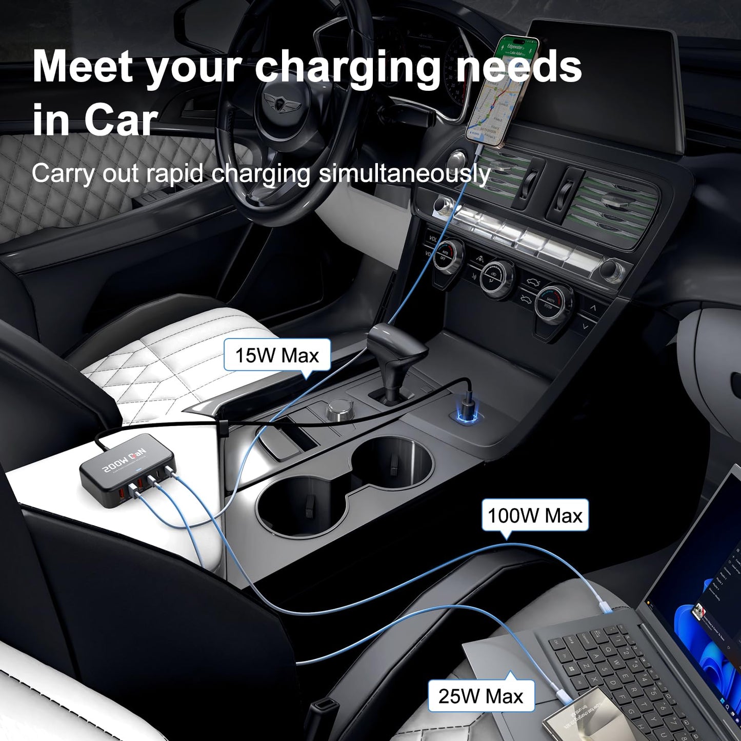 Dzytnsy 200W Car Fast Charging Station,6 Ports, Compatible with MacBook pro/Air/M5 M4 M3 M2 M1/Dell/Lenovo/HP,for iPhone 17/16/15 Series,Samsung