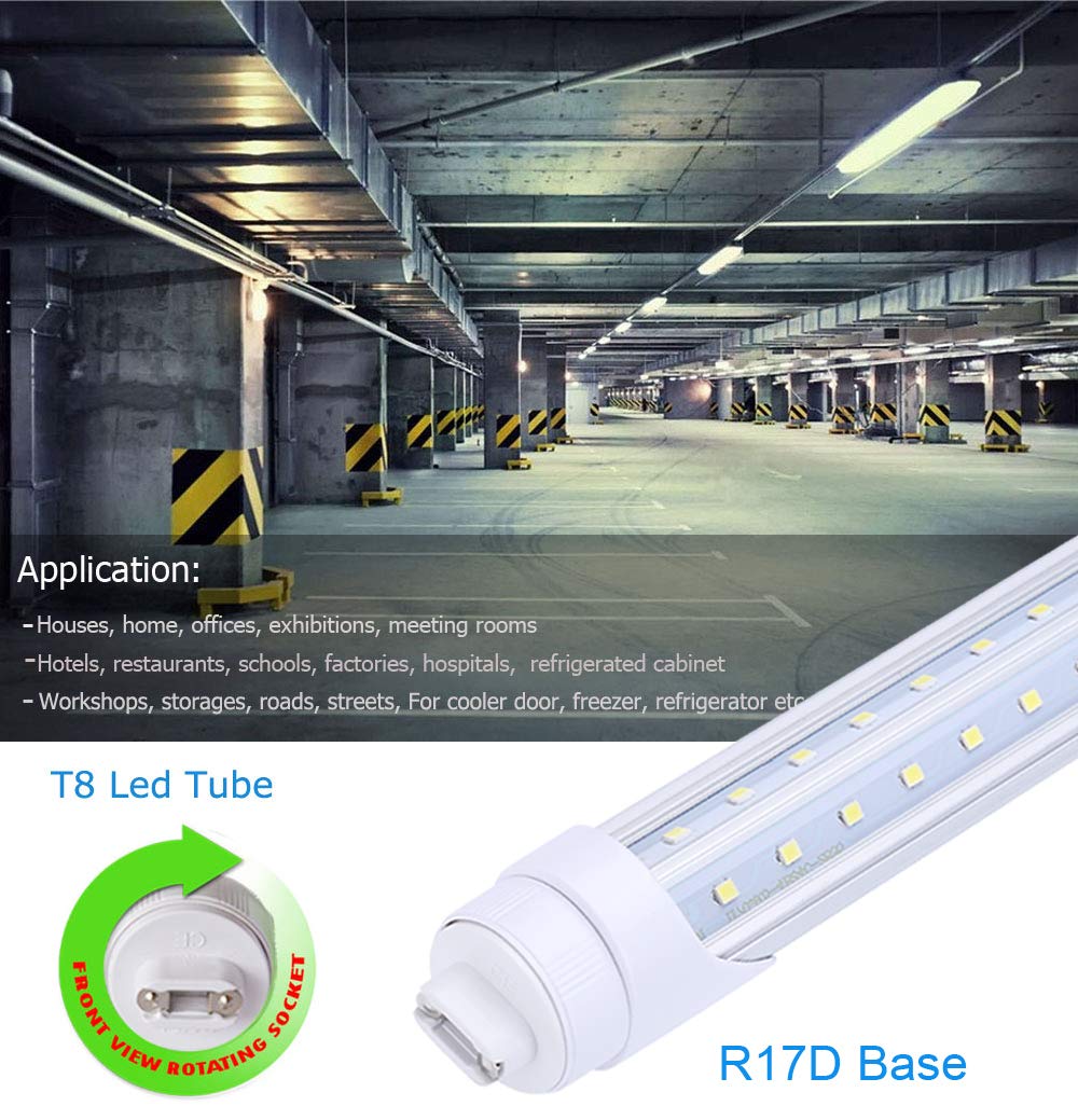 FALANFA 8ft R17D Rotatable HO Base led Tube Light 65W,270 Degree V Shaped LED Chip Bulbs,T8 6000K Cool White,Clear Cover,85V-265V,Dual-Ended