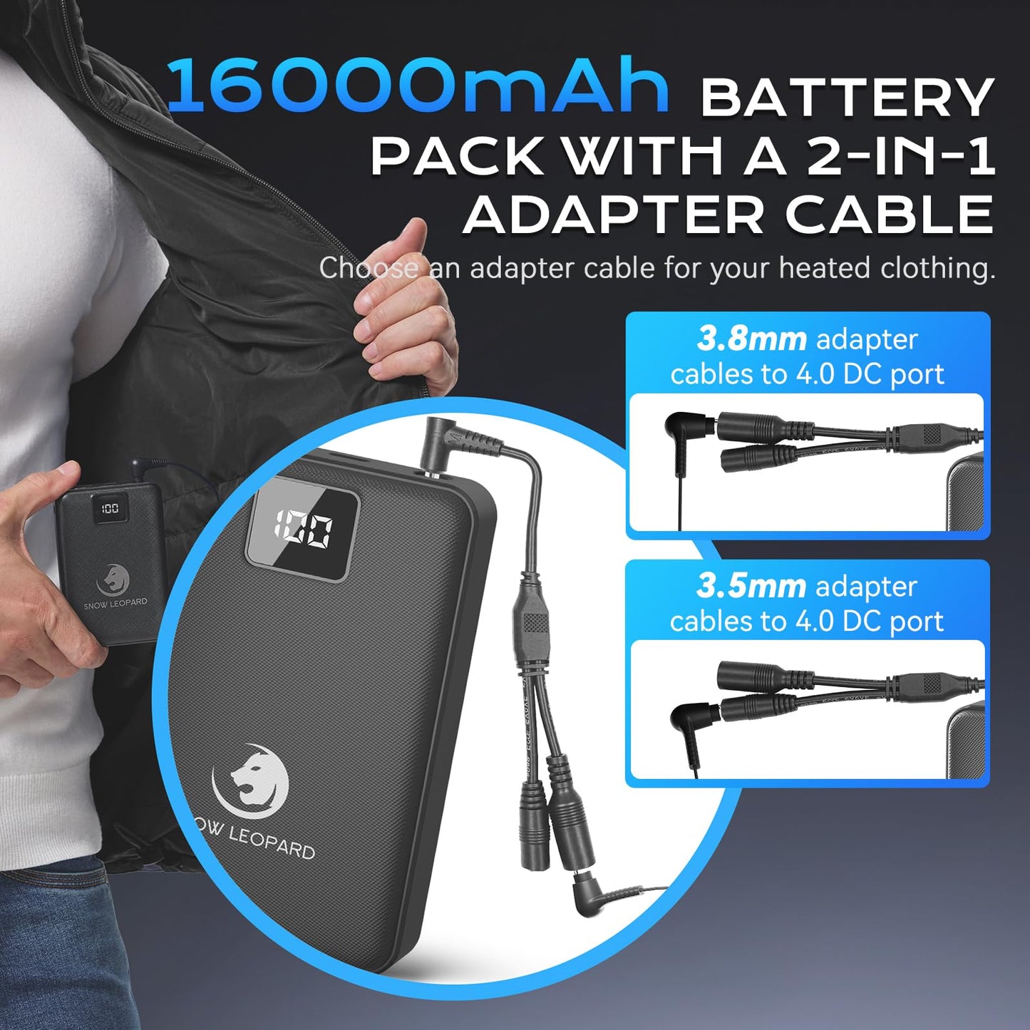 SNOW LEOPARD Heated Vest Battery Pack 7.4v 16000mah Power Bank for Heated Jacket with LED Display Battery Pack for Heating Vest with Dc/USB/Type-C