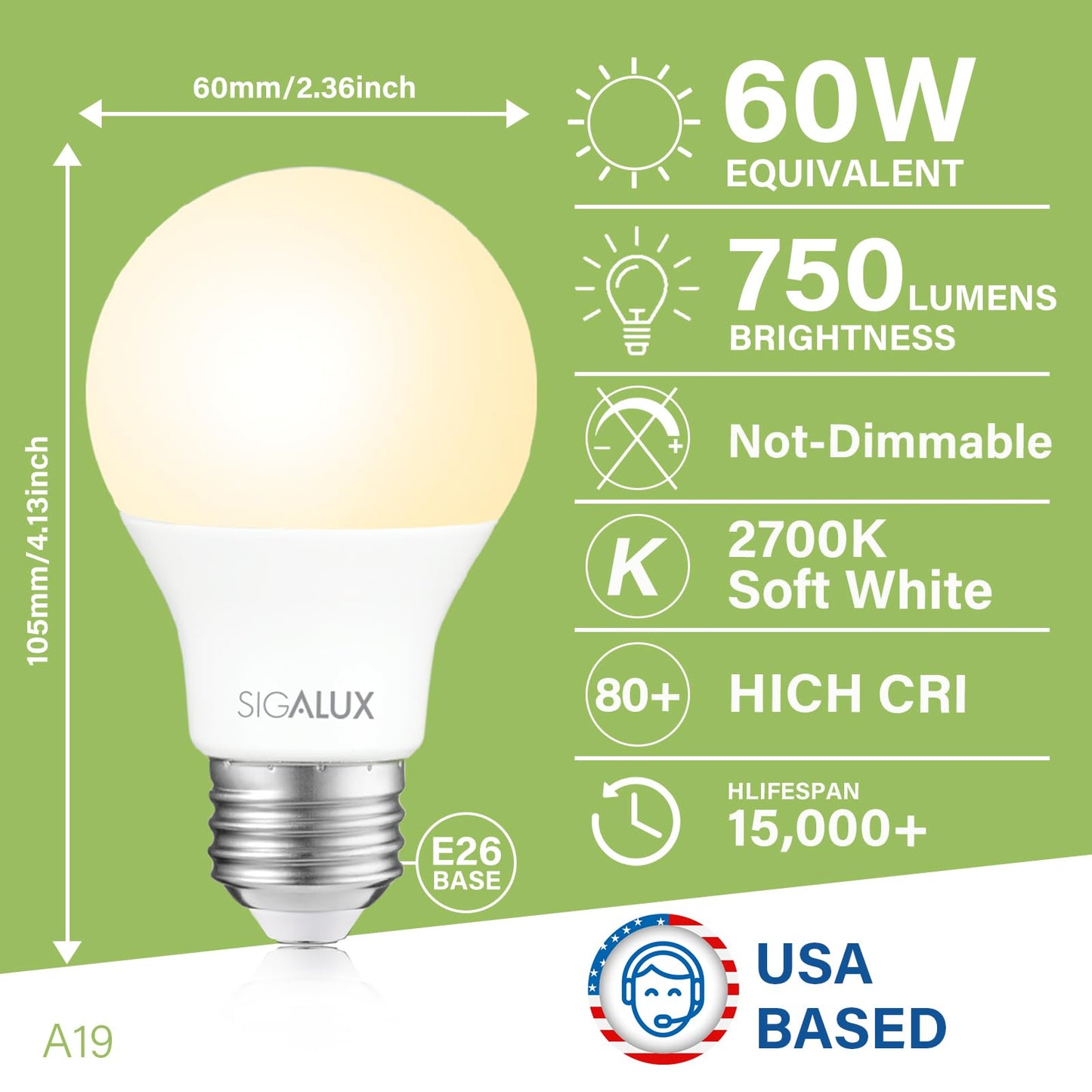 Sigalux A19 LED Light Bulbs 60 Watt Equivalent,Non-Dimmable Energy Efficient 9.5W LED 2700K Soft White Light Bulb with E26 Medium Base,750 Lumens,UL