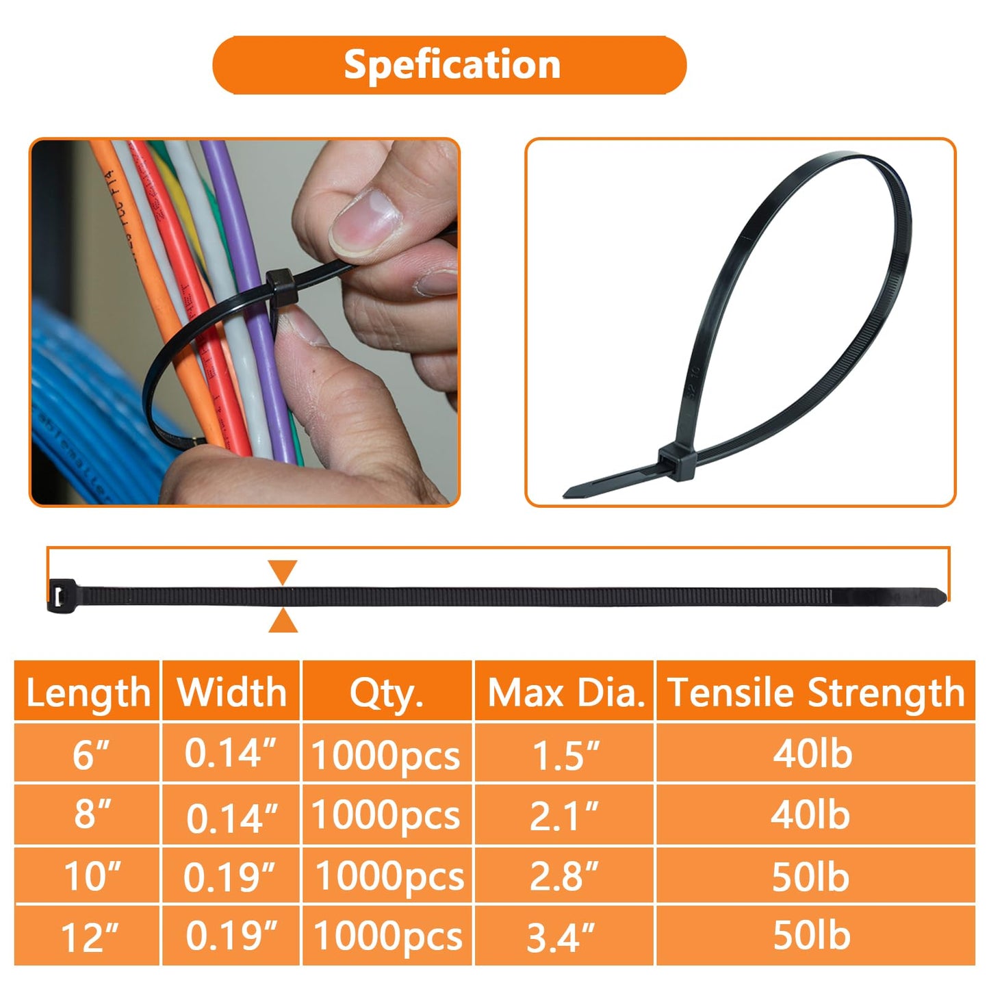 1000Pcs Black Zip Ties 6 Inch Bulk Small Cable Ties 6 In Heavy Duty Outdoor 40lbs, Mini Nylon Wire Ties 1000 Pack, Plastic Zip Tie Wraps, Zipties
