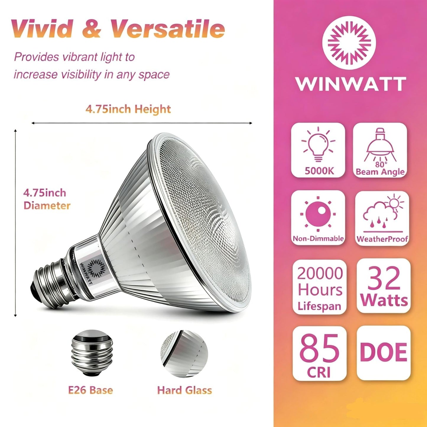 WinWatt LED Light Bulbs PAR38 Full Glass, 32W=350W Equivalent 5500 Lumens Super Bright 20000 Hours Classic Flood Light Bulbs, Waterproof Non-Dimmable