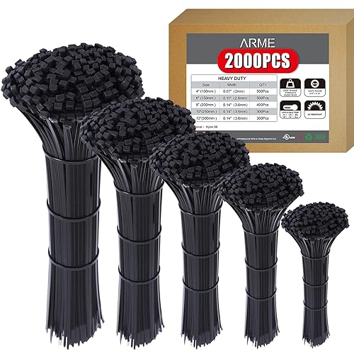 Arme Heavy Duty Zip Ties?2000 QTY/Pack Black Cable Zip Ties, Cable Zip Ties Nylon Self-Locking Black Ties,High-Strength Cable Zips Ties Assorted Sizes