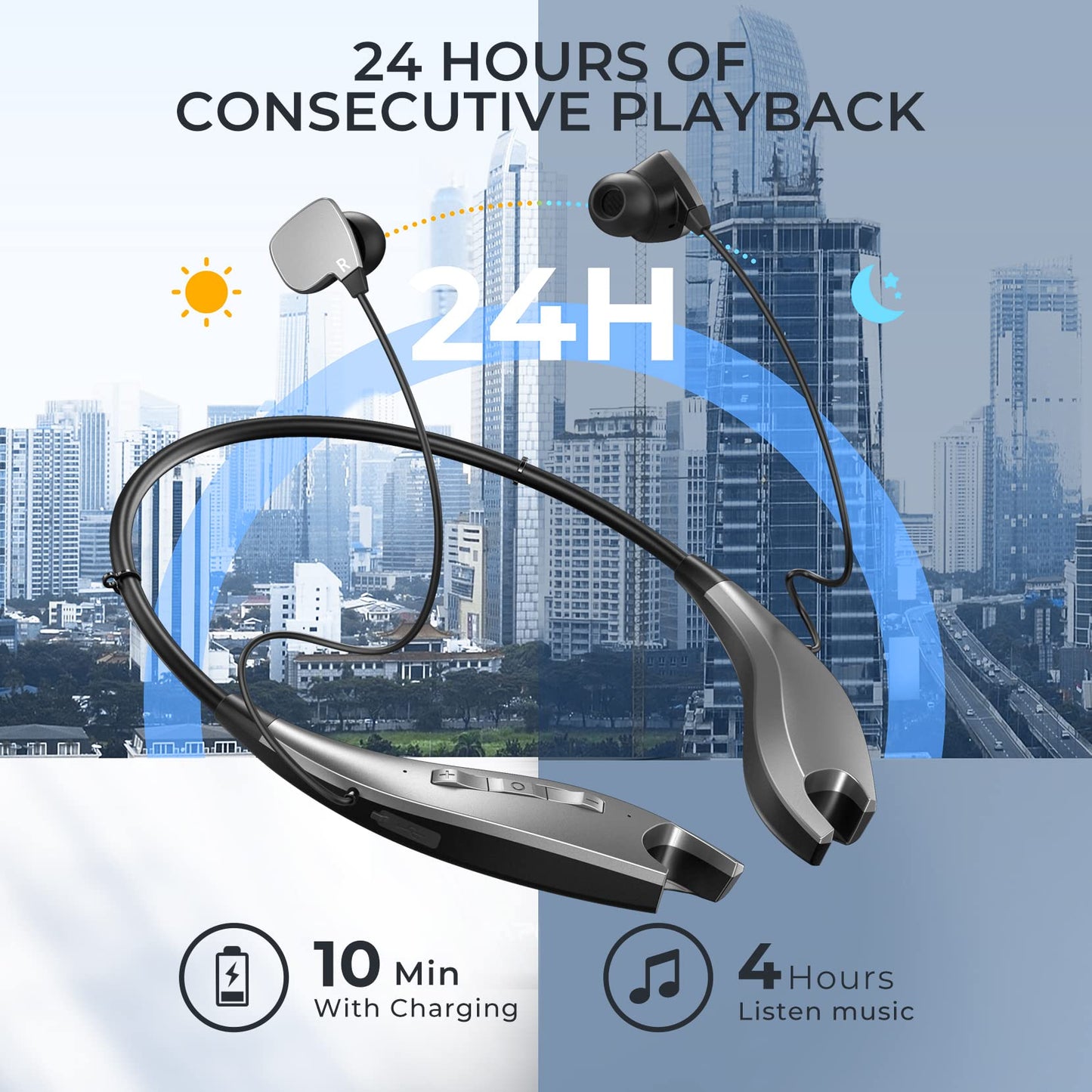 YOSDOM Neckband Bluetooth Headphones, 24H Playtime, Noise Isolation, Silver