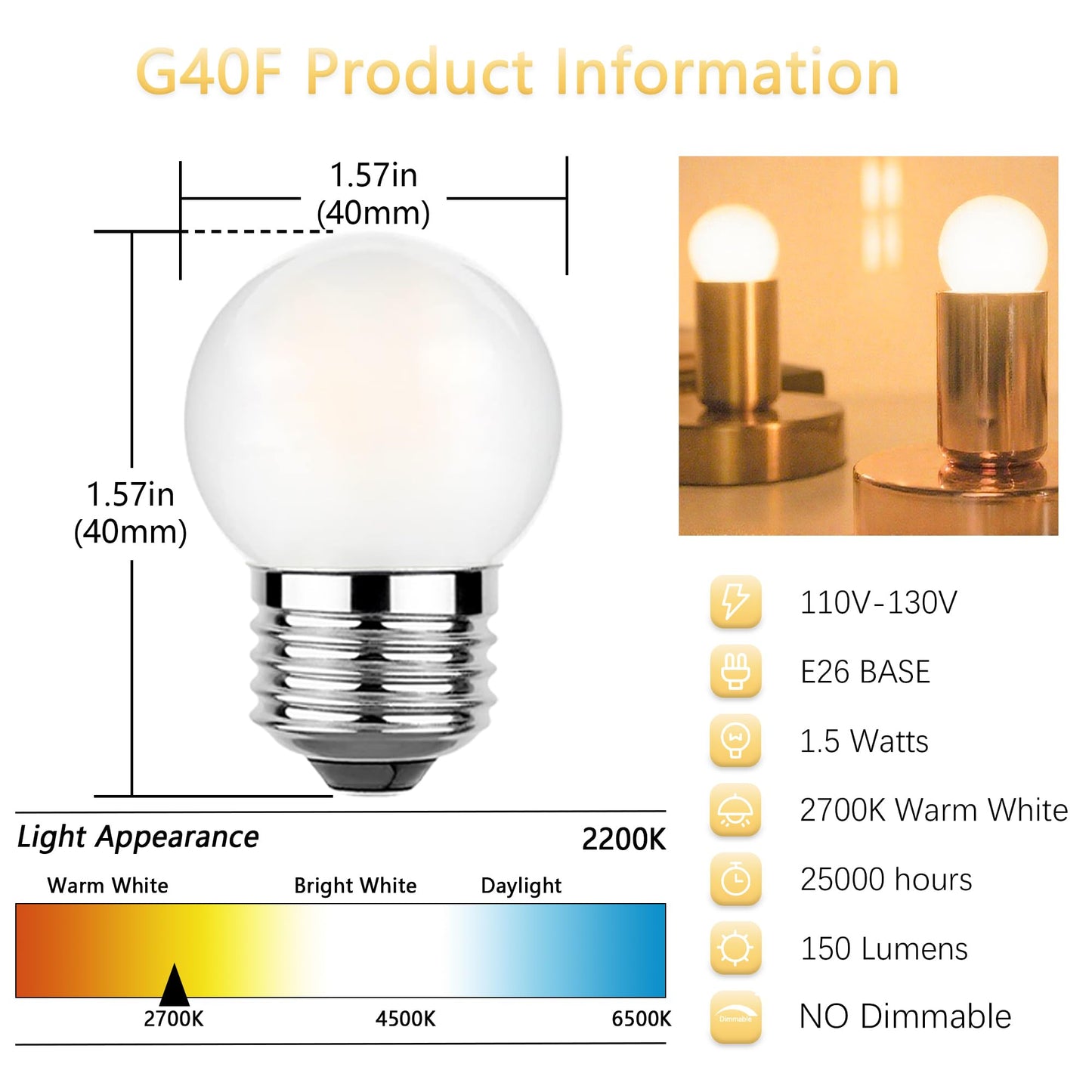 Sevici G40 Night Light Bulb 1.5W E26 4-Pack 2700K Warm Glow