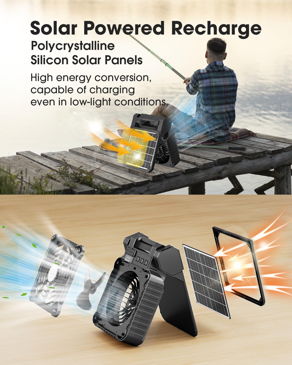 Solar Camping Fan 10400mAh, Solar Powered Fan with LED Lantern, 7W Rechargeable Battery Operated Fans for Outside, 4 Speeds, 2-8H Timer and Quiet