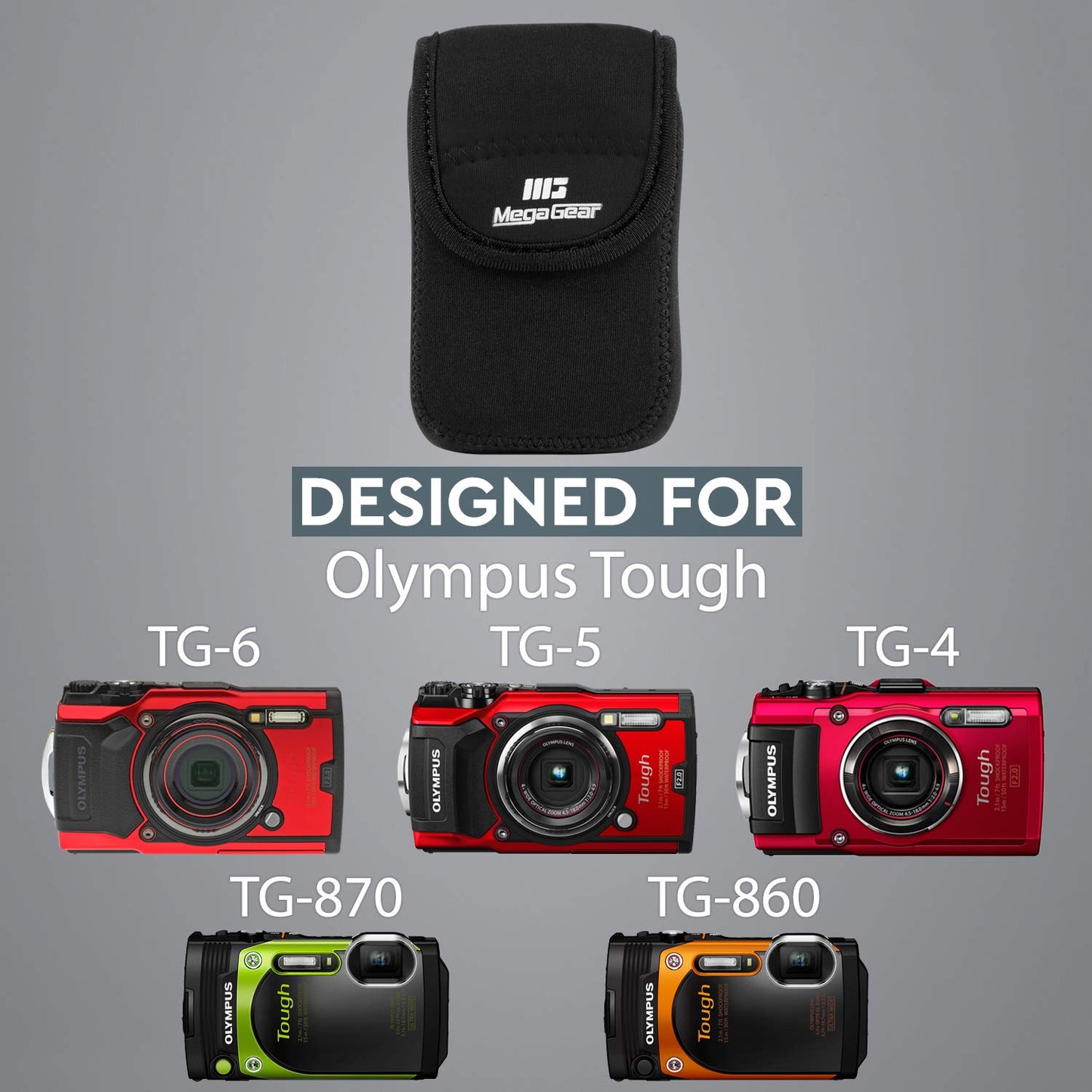 MegaGear Olympus Tough TG-6, TG-5, TG-4, TG-870, TG-860 Ultra Light Neoprene Camera Case, with Carabiner - Black